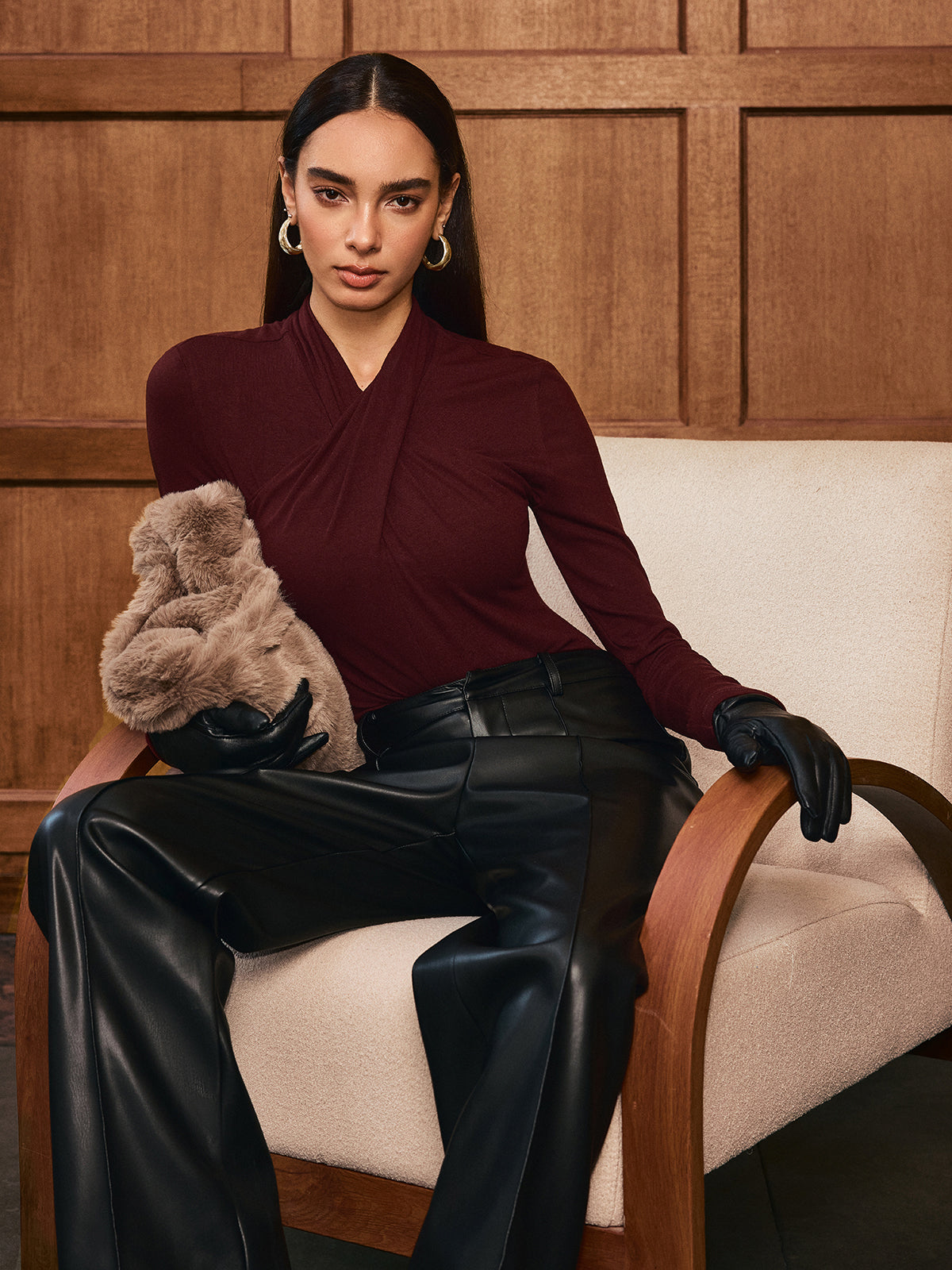 Cross Neck Long Sleeve Knit T-Shirt-Chicvia