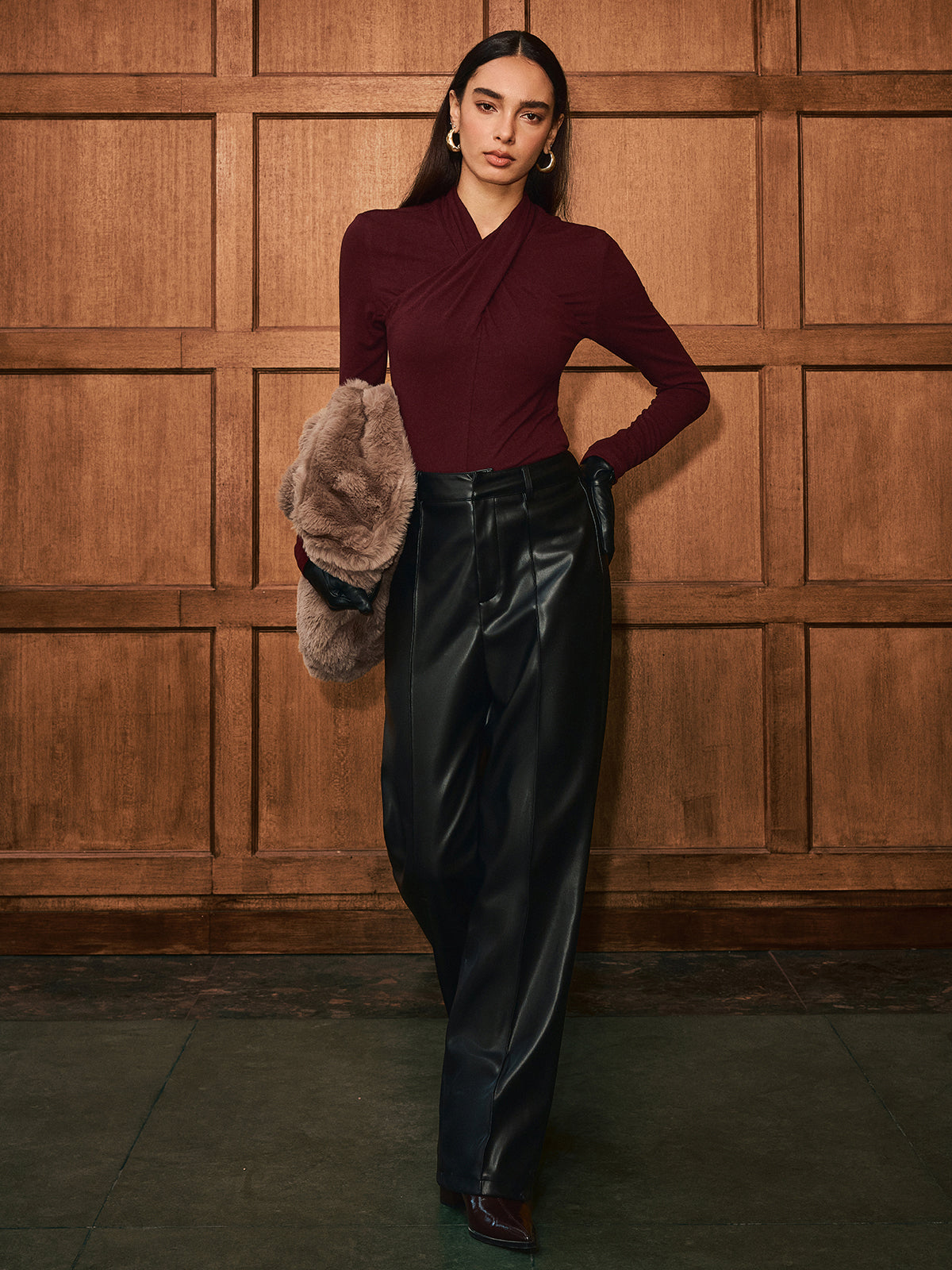 Cross Neck Long Sleeve Knit T-Shirt-Chicvia