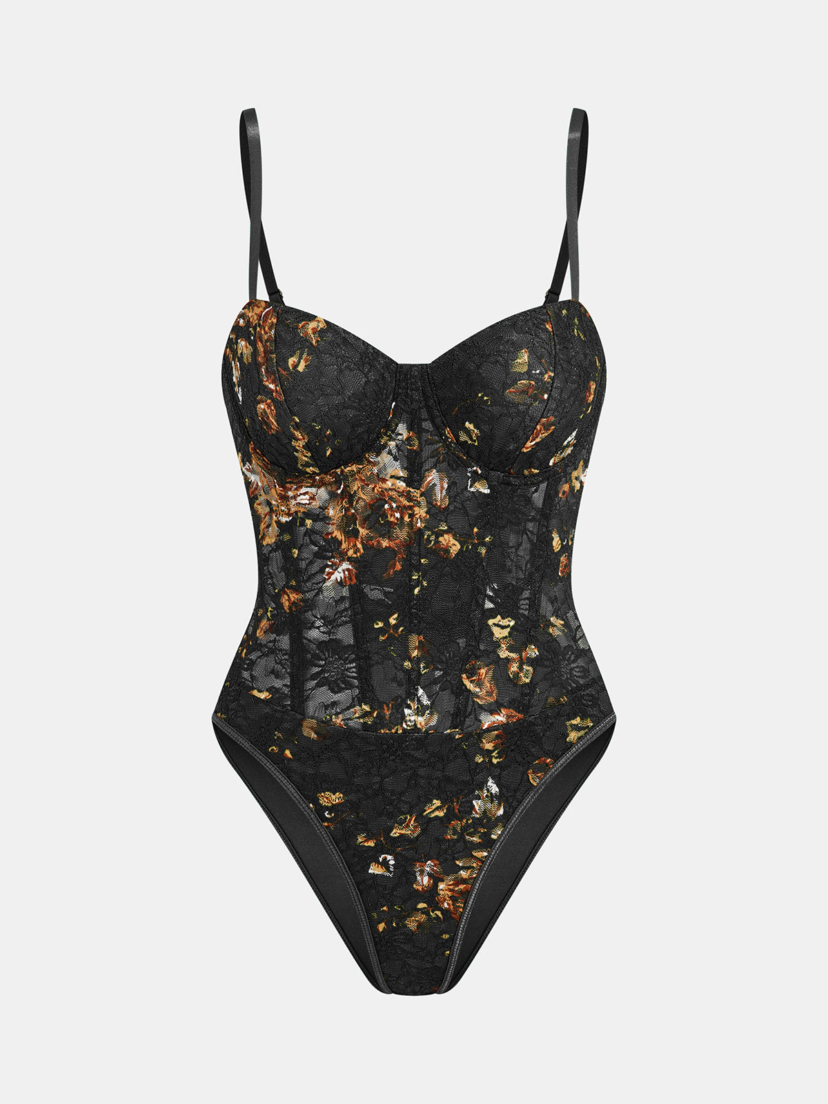 Floral Print Embroidery Bustier Corset Bodysuit-Chicvia