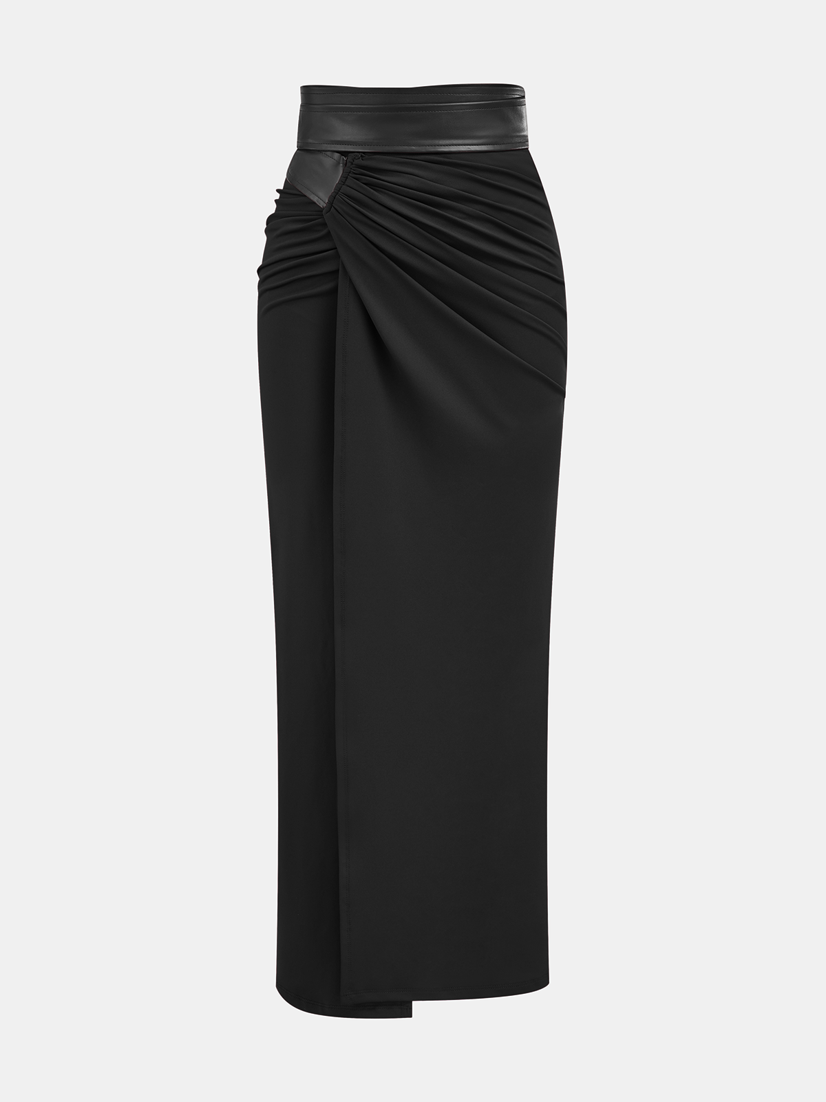 Faux Leather Panel Ruched Midi Skirt-Chicvia