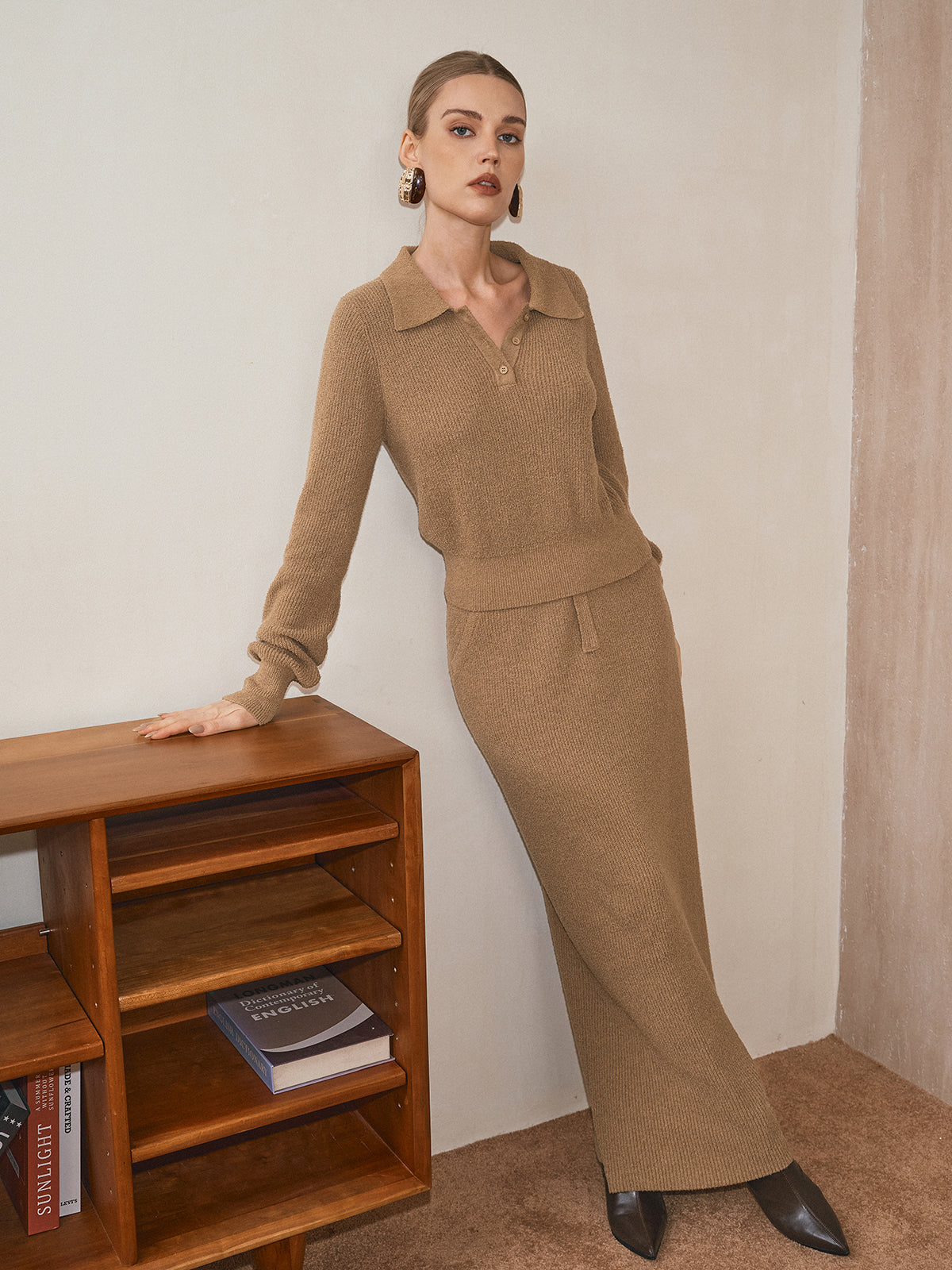 Polo Collar Cinched Waist Sweater-Chicvia