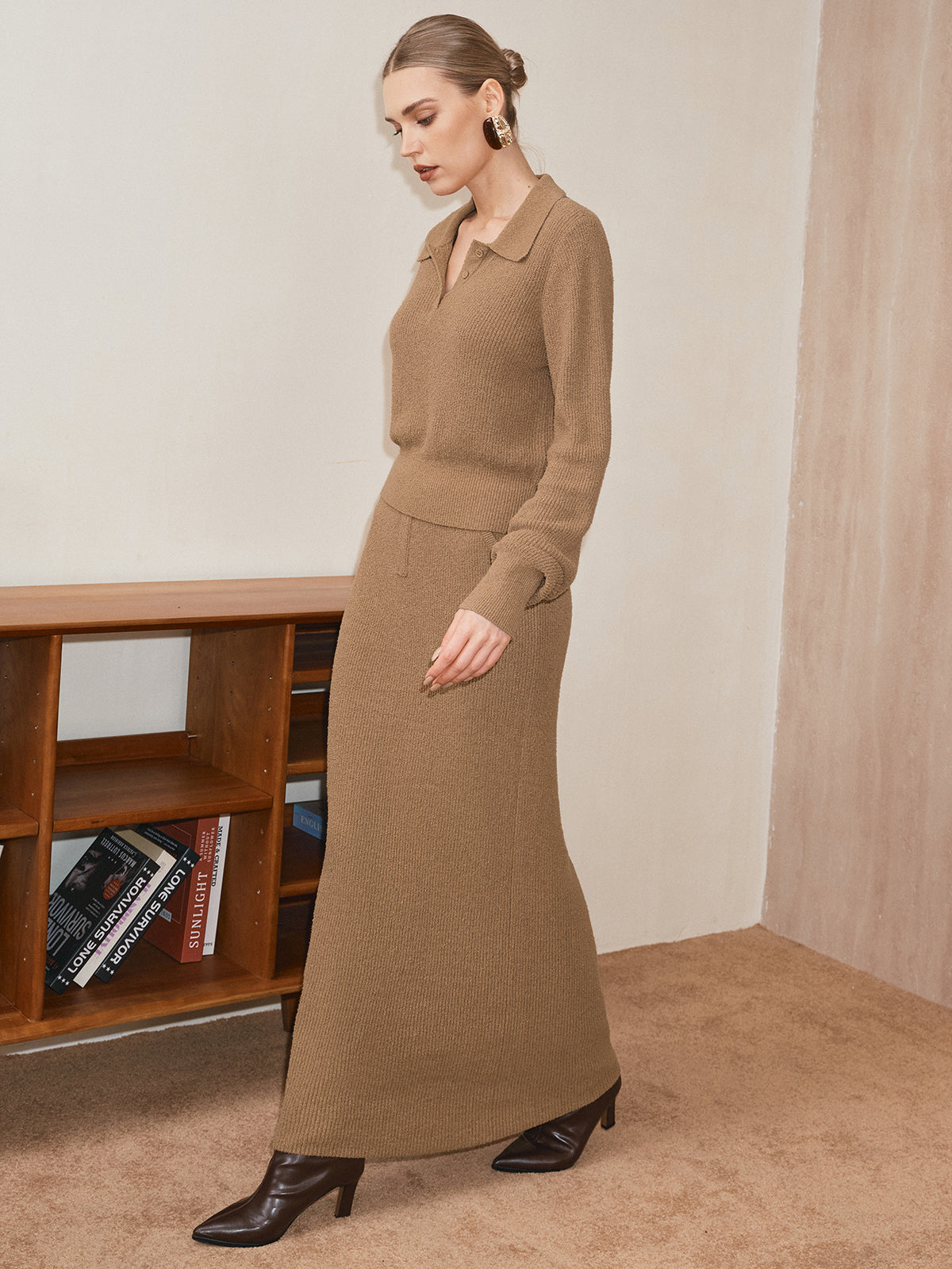 Polo Collar Cinched Waist Sweater-Chicvia