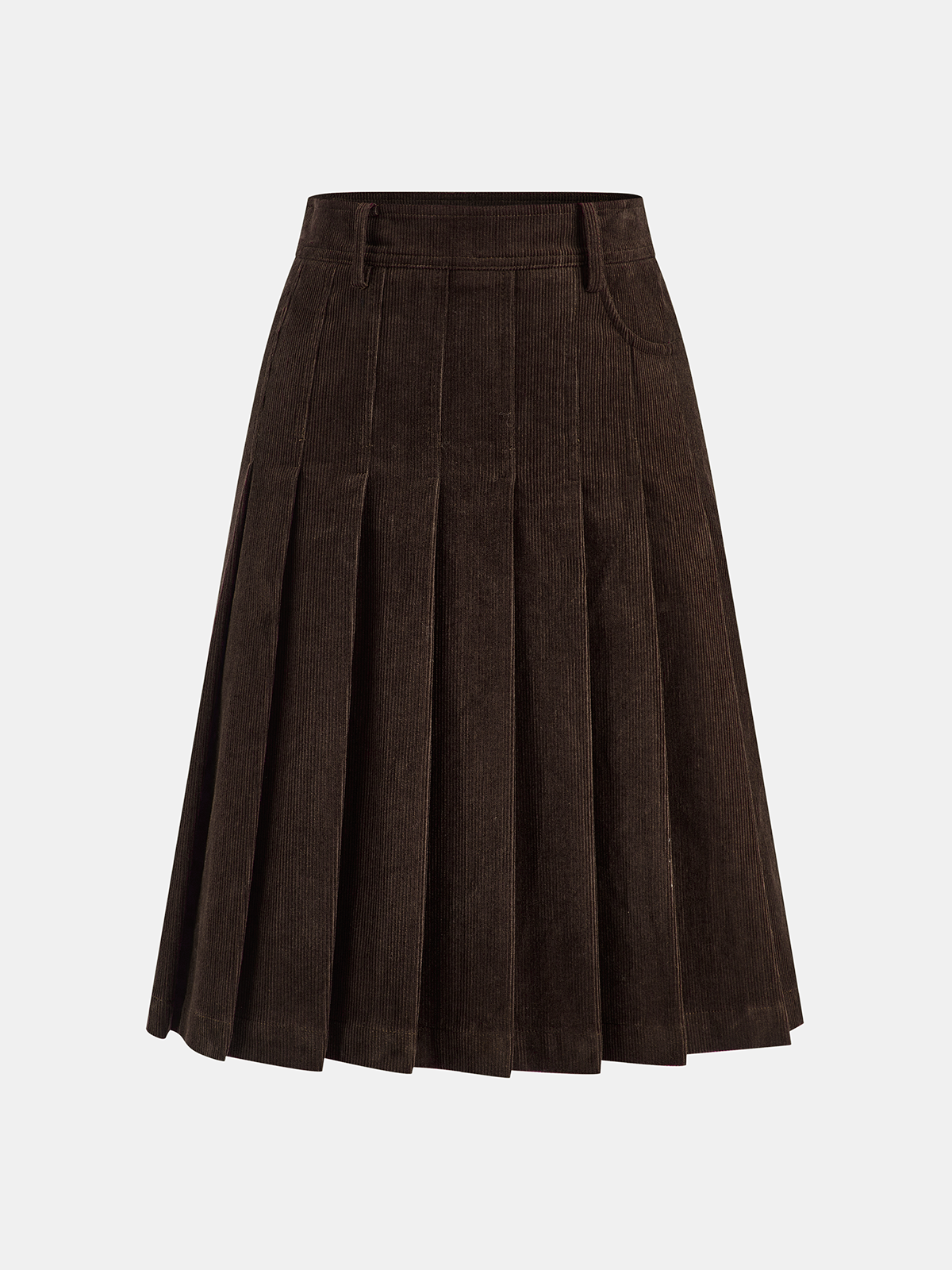 Pleated Corduroy Midi Skirt-Chicvia