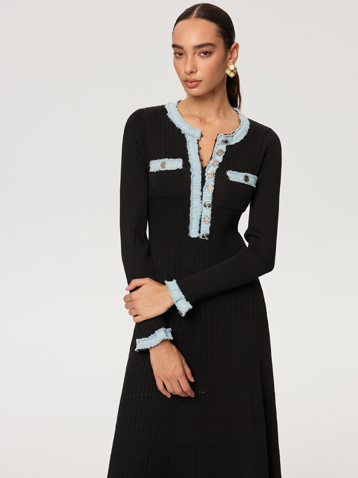 Denim Panel Knit Maxi Dress-Chicvia