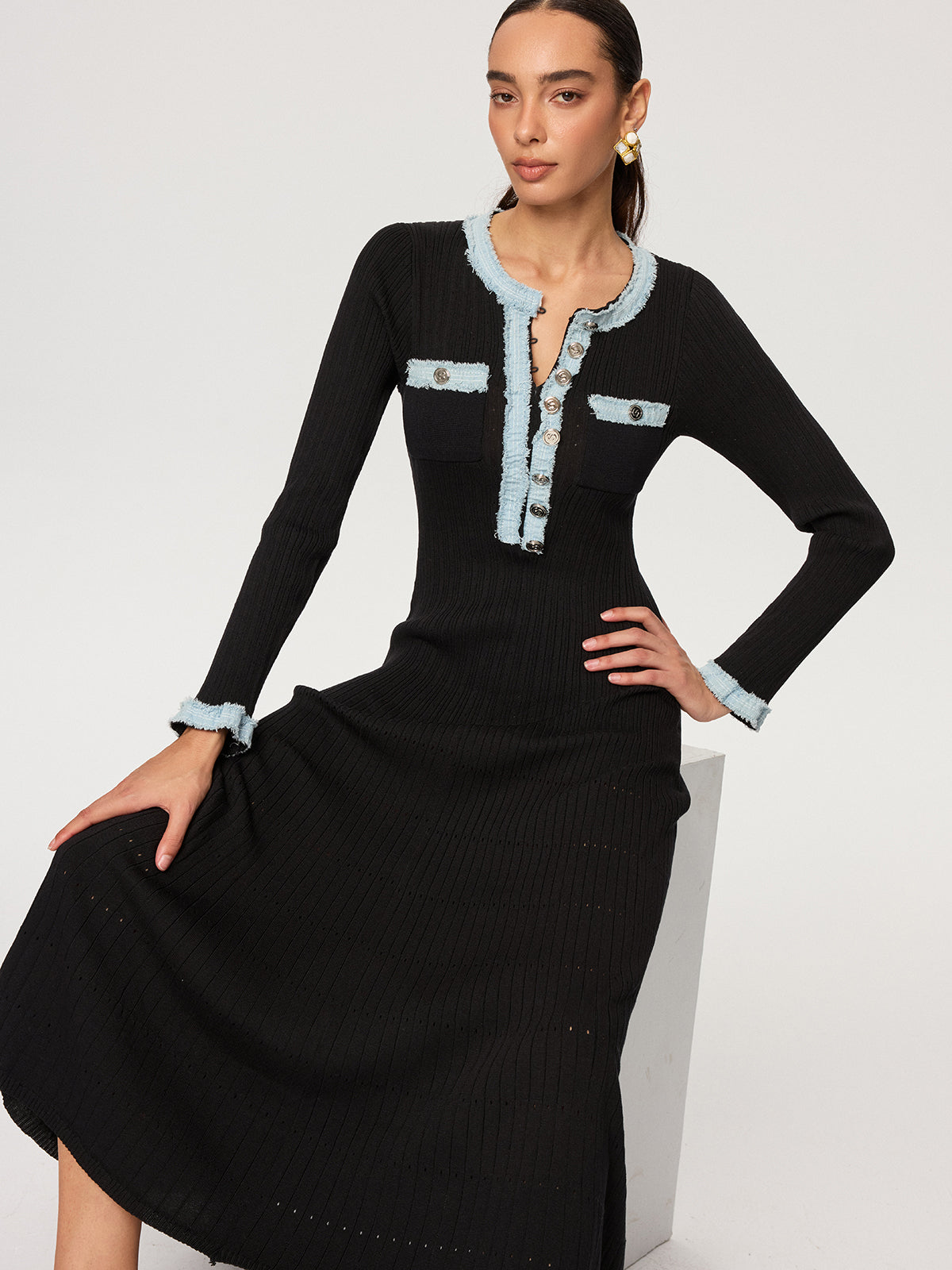 Denim Panel Knit Maxi Dress-Chicvia