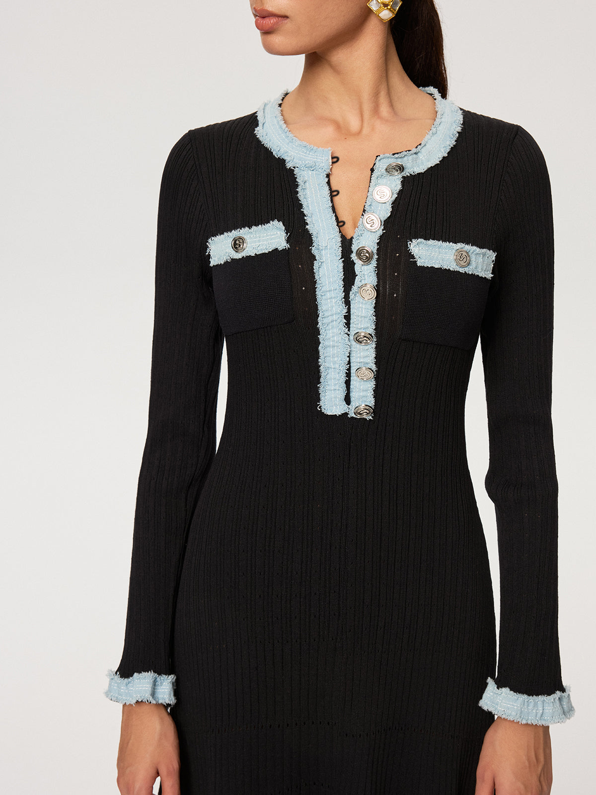 Denim Panel Knit Maxi Dress-Chicvia