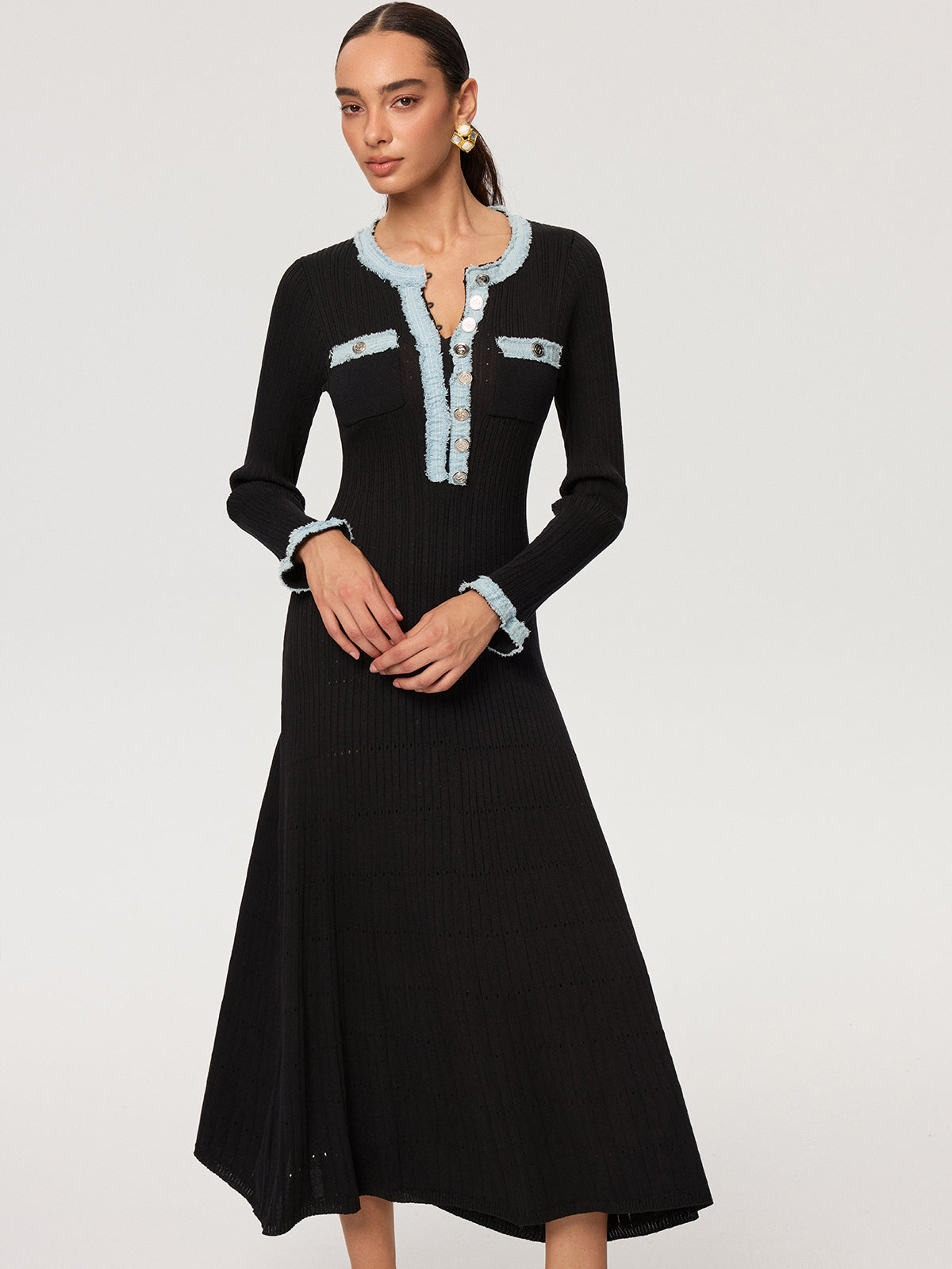 Denim Panel Knit Maxi Dress-Chicvia