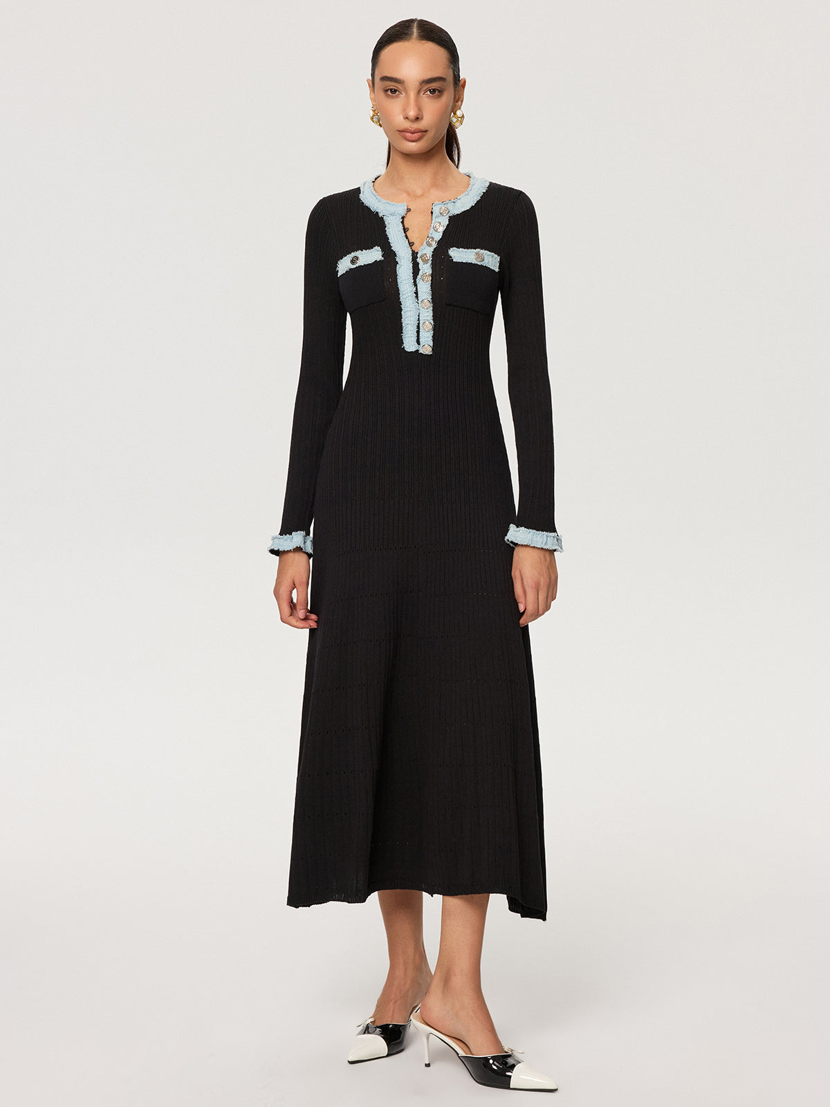 Denim Panel Knit Maxi Dress-Chicvia