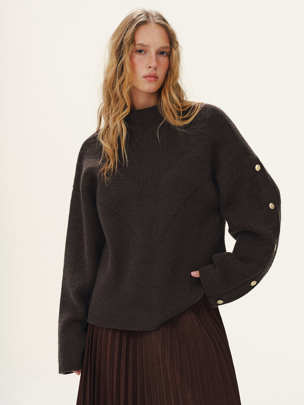 Button Detail Mock Neck Knit Sweater-Chicvia