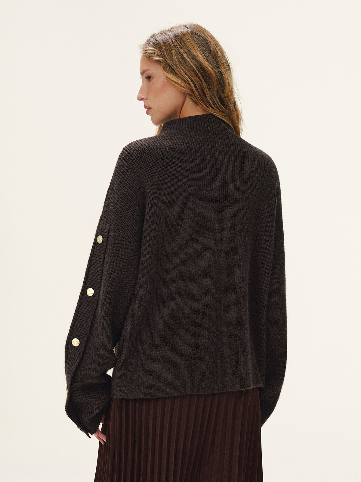 Button Detail Mock Neck Knit Sweater-Chicvia