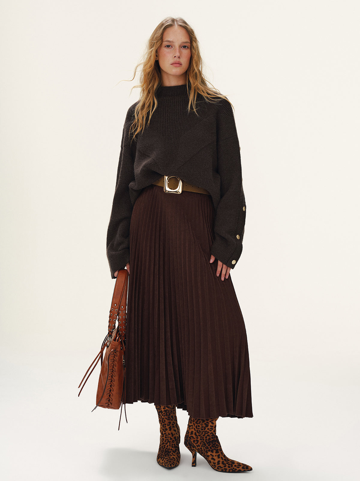 Button Detail Mock Neck Knit Sweater-Chicvia