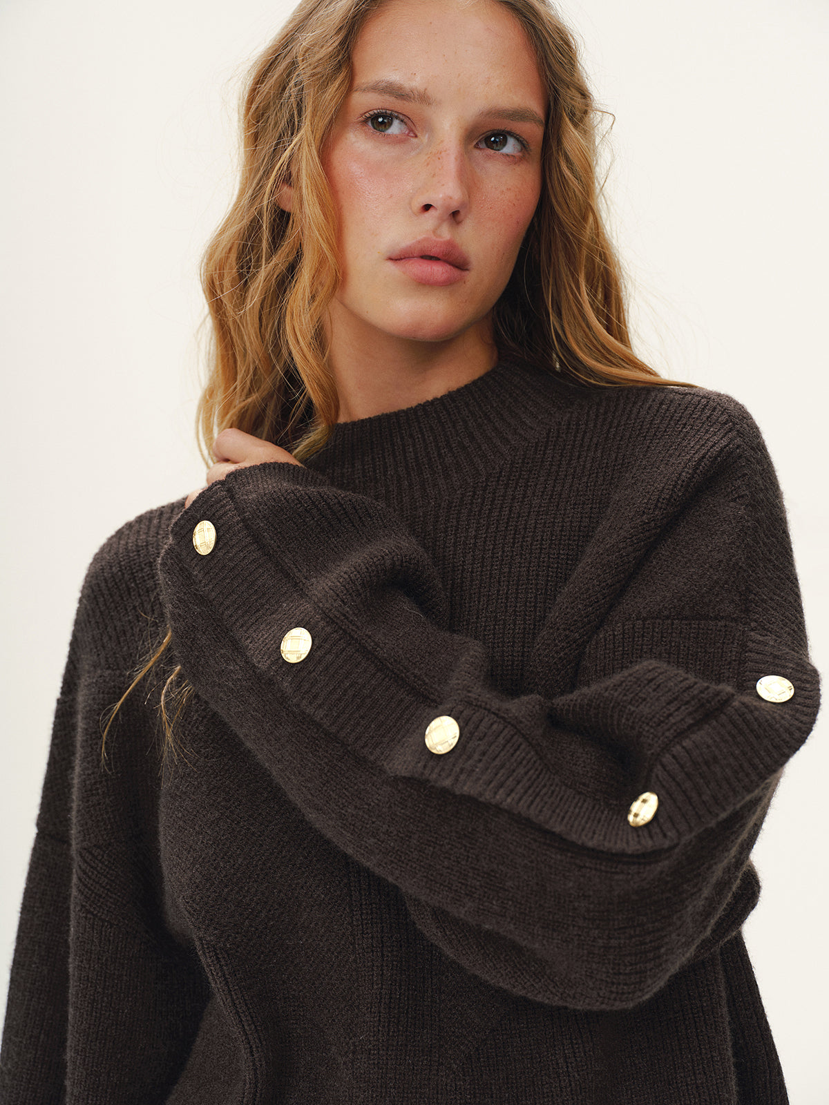 Button Detail Mock Neck Knit Sweater-Chicvia