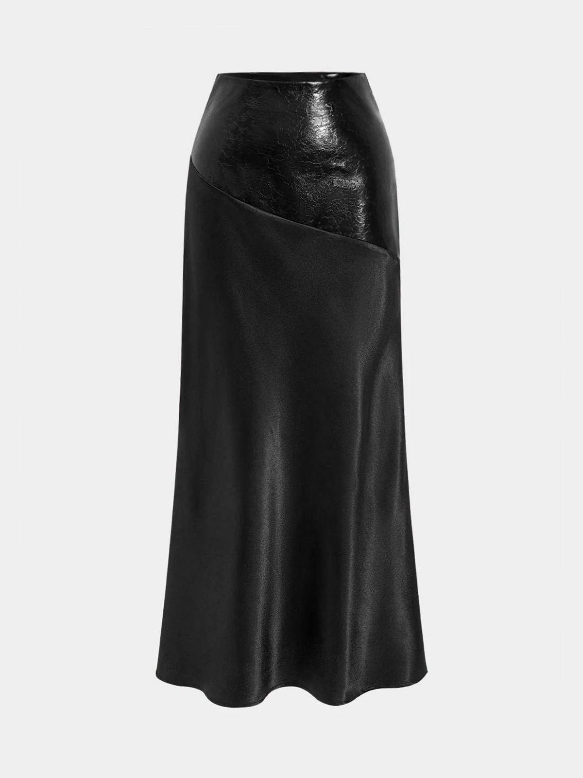 Faux Leather Panel Asymmetric Satin Maxi Skirt-Chicvia