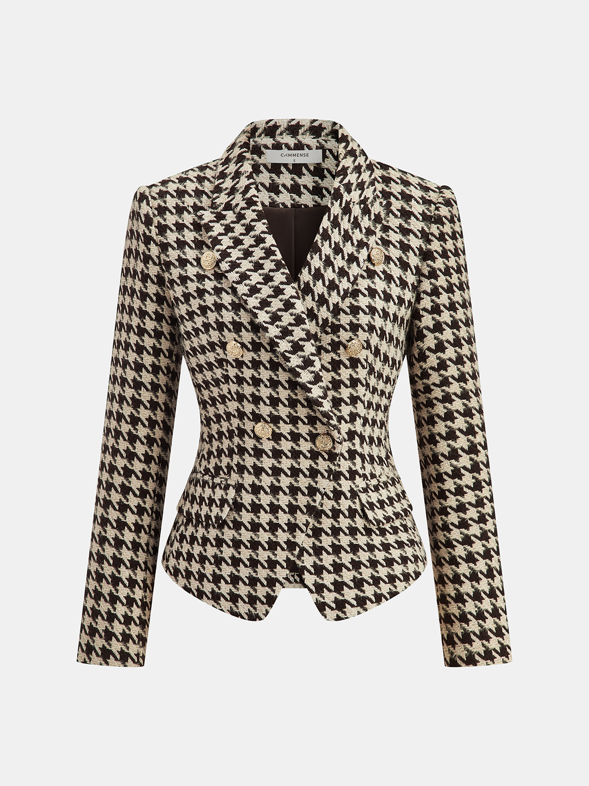 Metal Button Houndstooth Tweed Blazer-Chicvia
