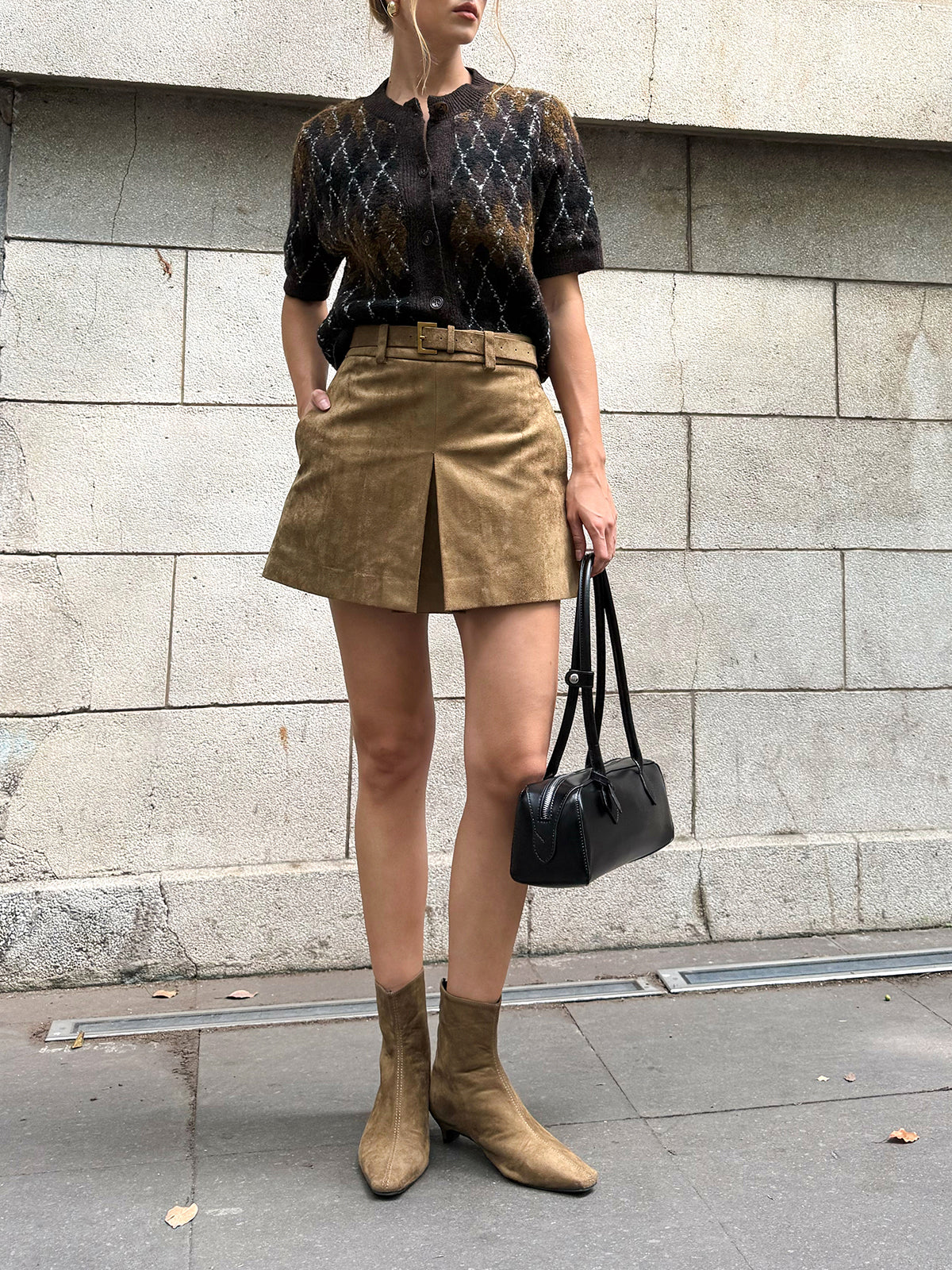 Belted Suede Effect Slit Mini Skirt-Chicvia