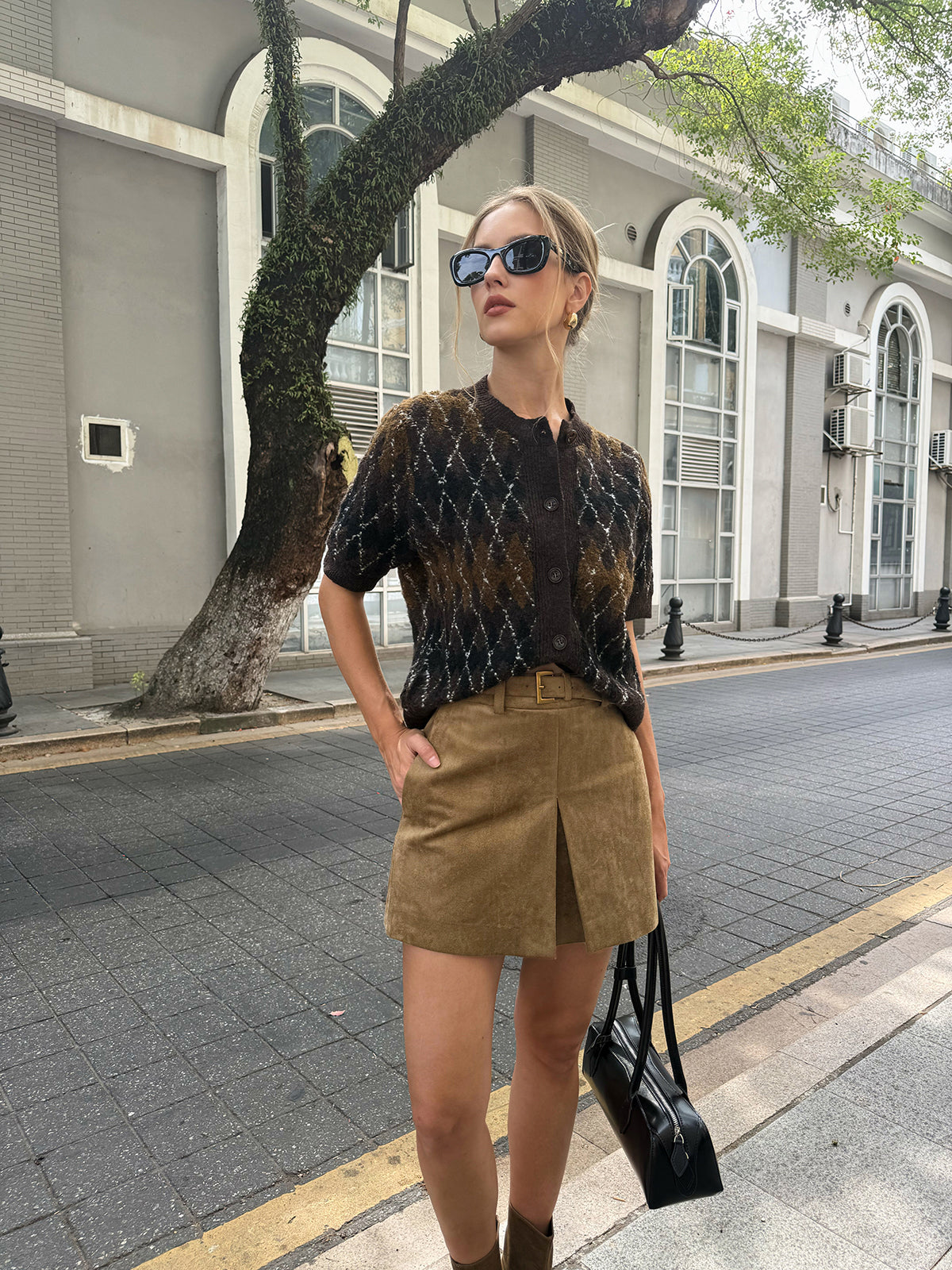 Belted Suede Effect Slit Mini Skirt-Chicvia