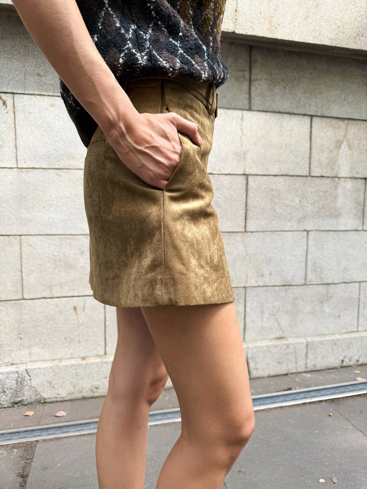 Belted Suede Effect Slit Mini Skirt-Chicvia