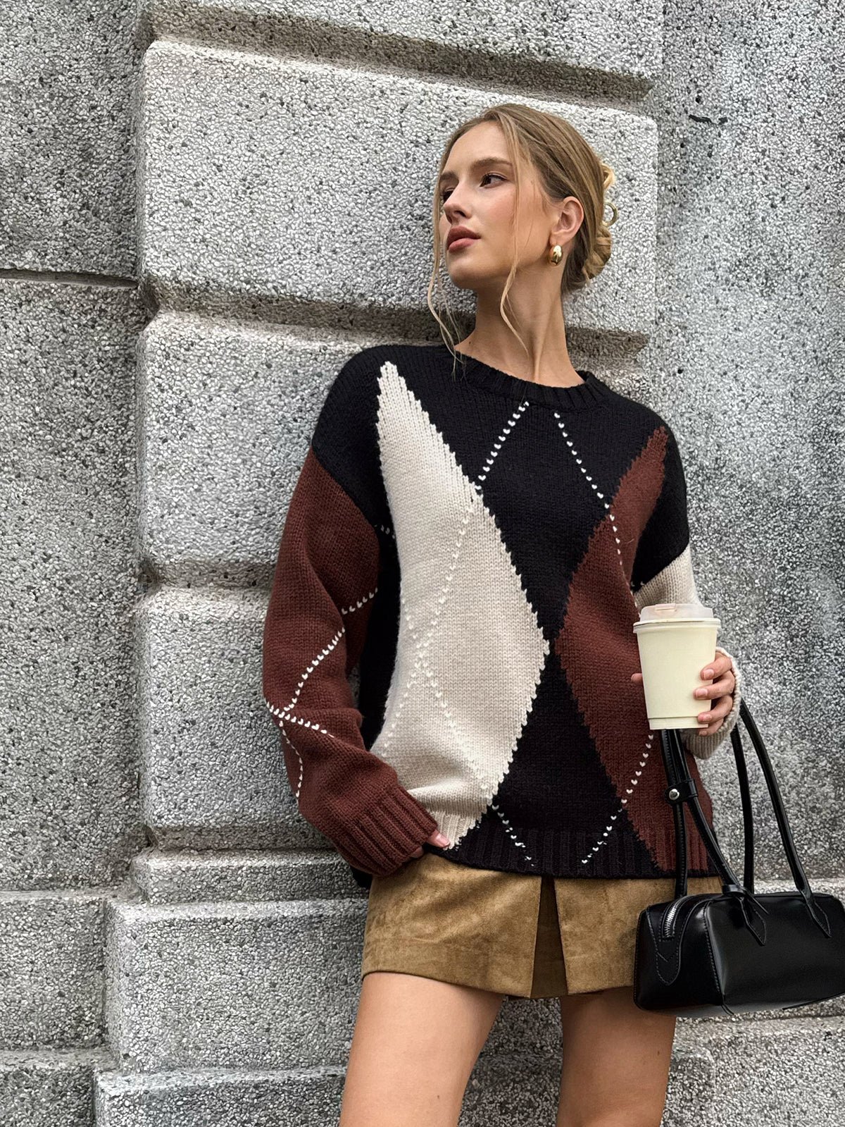 Multi-Color Argyle Wool-Blend Sweater-Chicvia