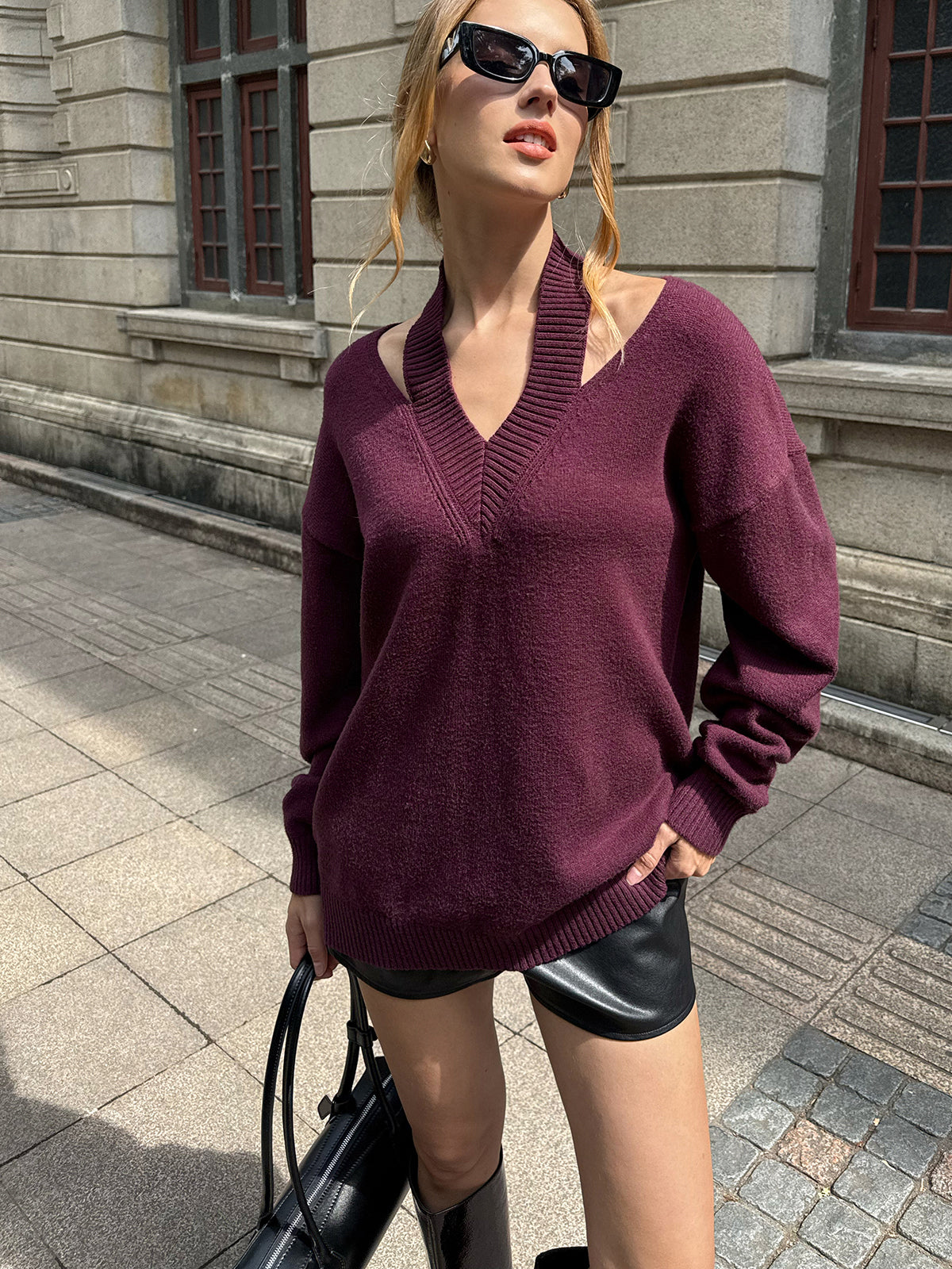 Halter Off-shoulder V-Neck Sweater-Chicvia