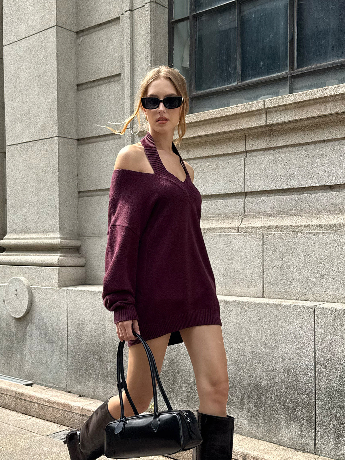 Halter Off-shoulder V-Neck Sweater-Chicvia