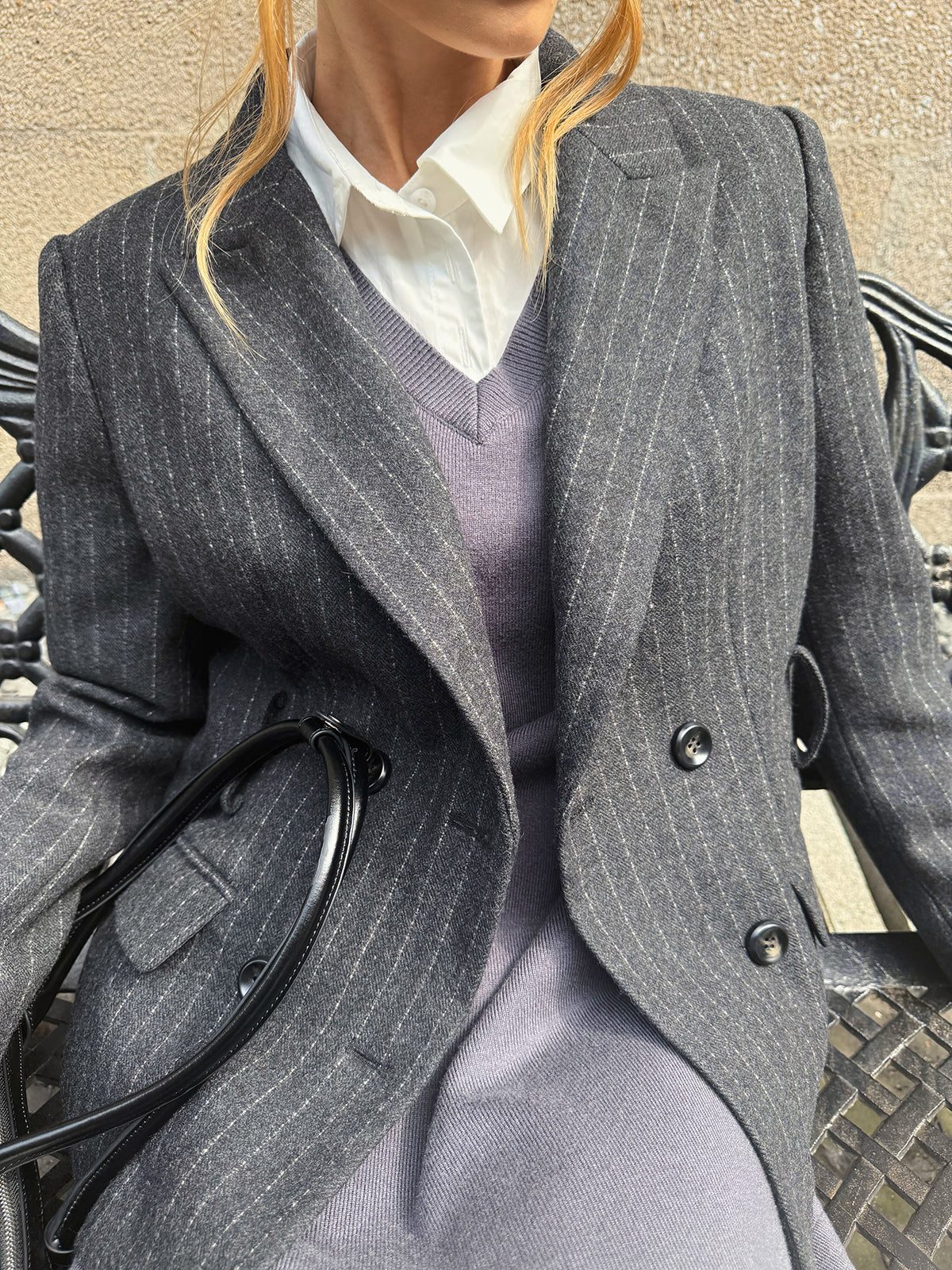 Pinstripe Wool-Blend Belted Blazer-Chicvia