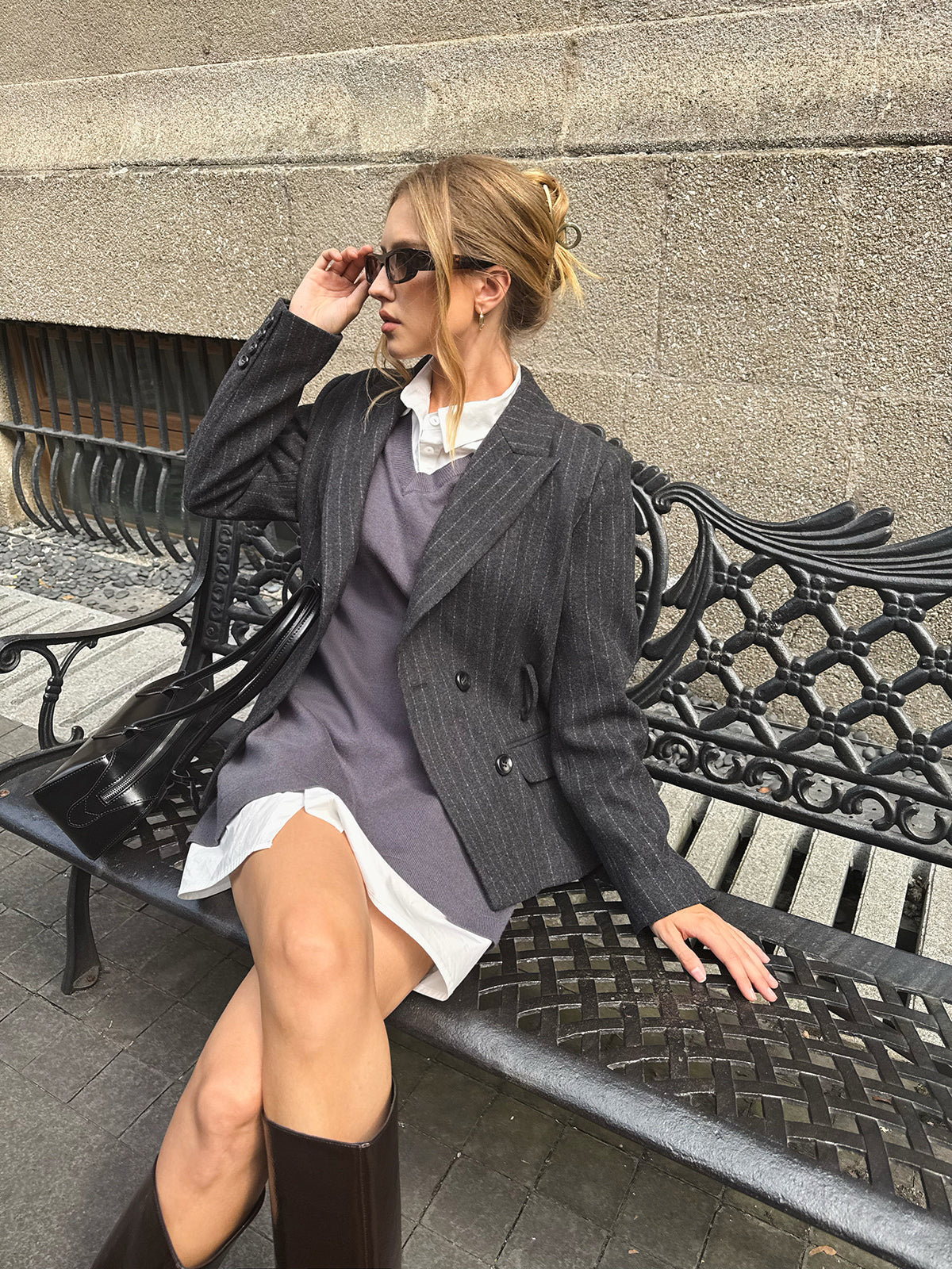 Pinstripe Wool-Blend Belted Blazer-Chicvia