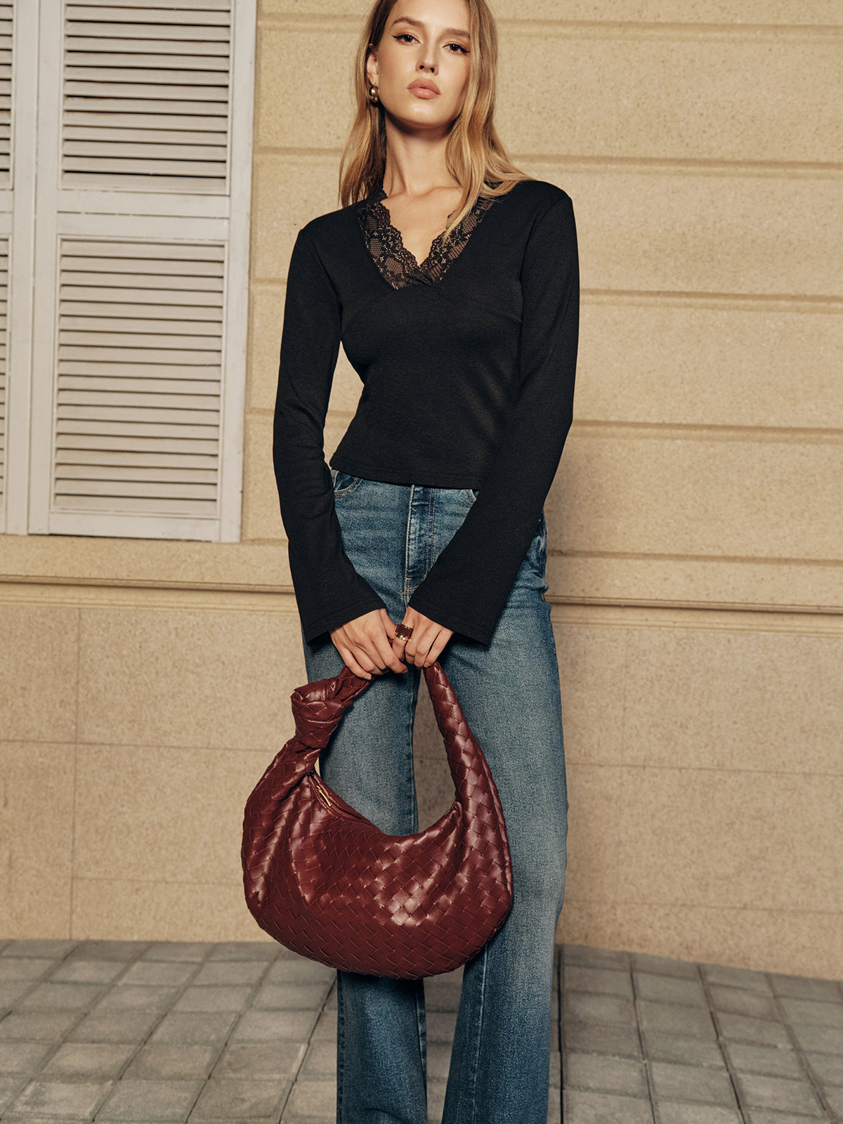 Lace Trim V-Neck Long Sleeve Top-Chicvia