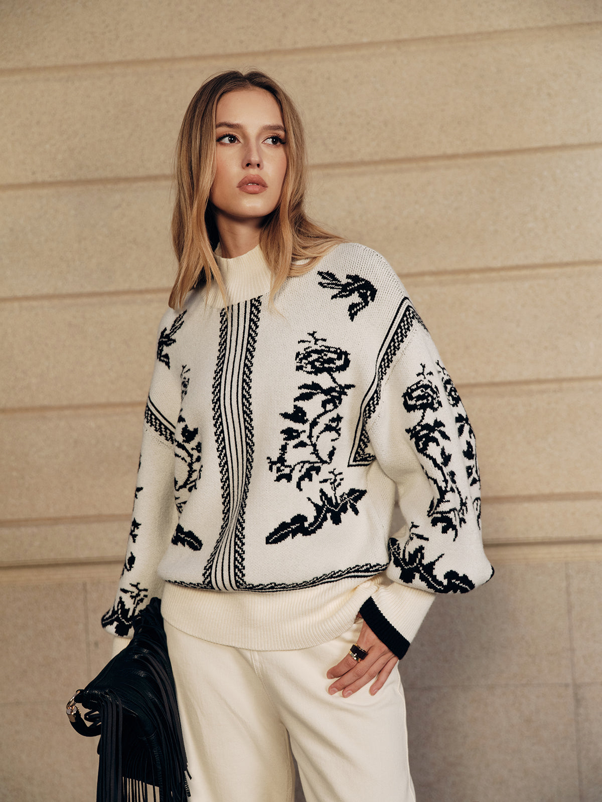 Floral Pattern Mock Neck Balloon Sleeve Sweater-Chicvia