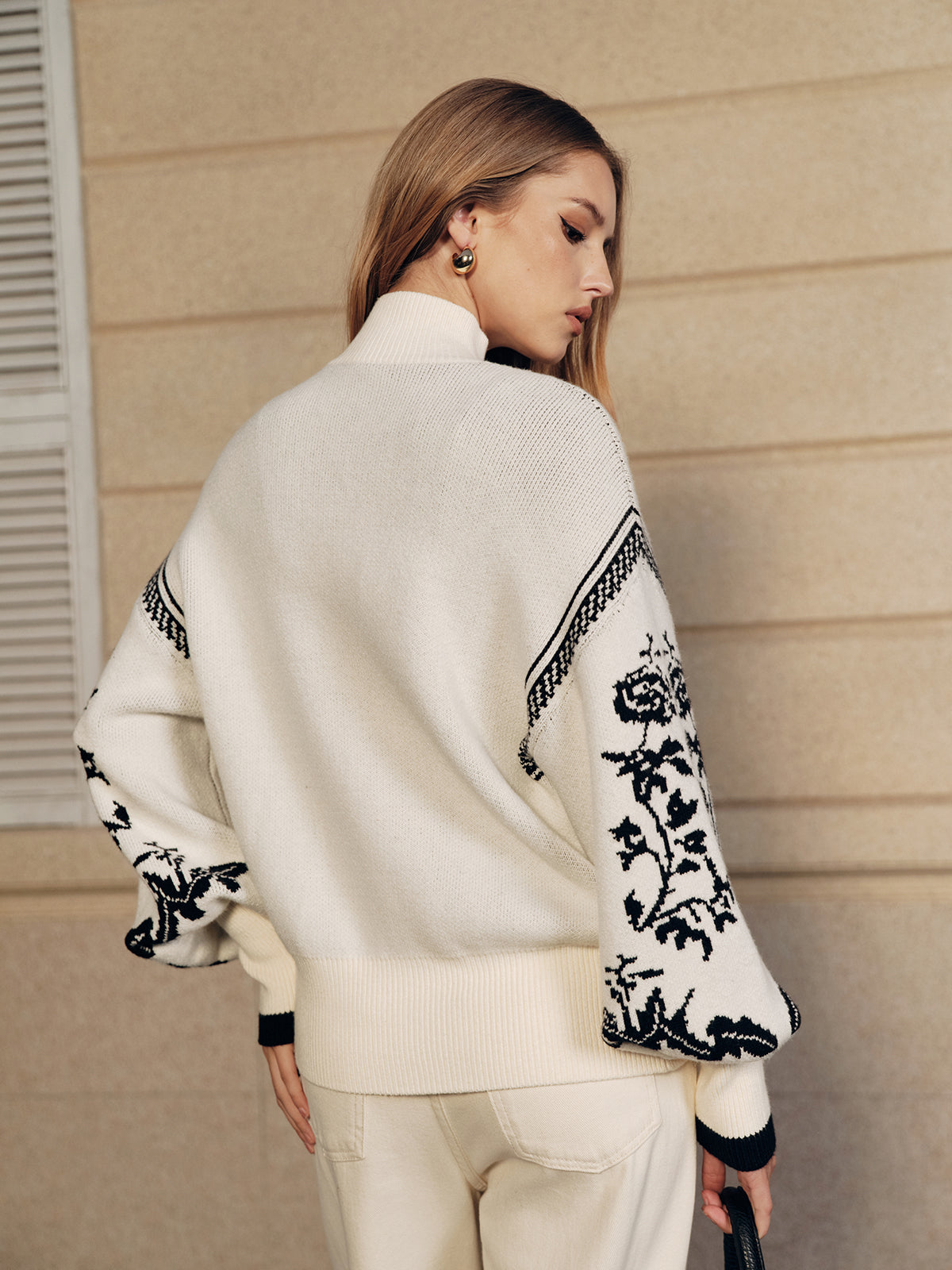 Floral Pattern Mock Neck Balloon Sleeve Sweater-Chicvia