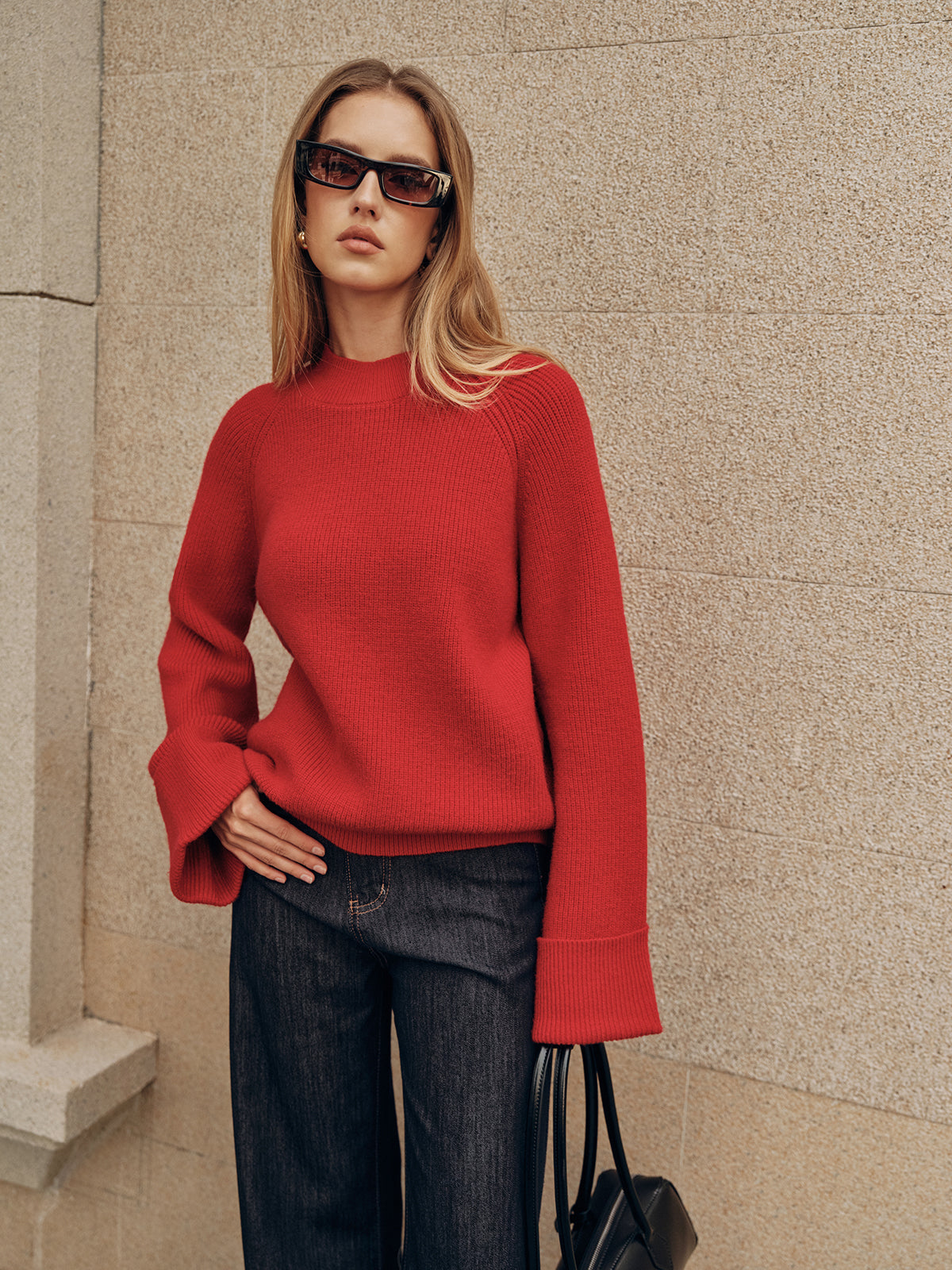 Cuffed Sleeve Oversized Sweater-Chicvia