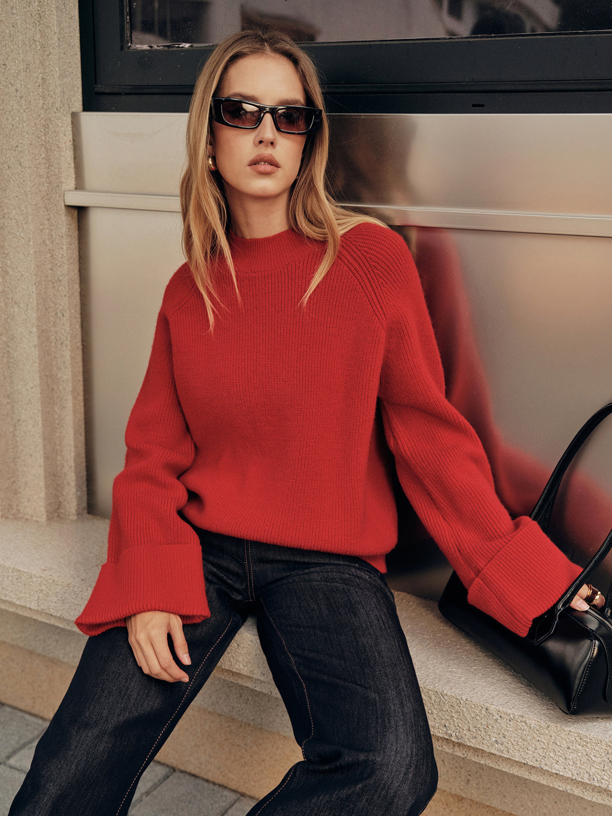 Cuffed Sleeve Oversized Sweater-Chicvia