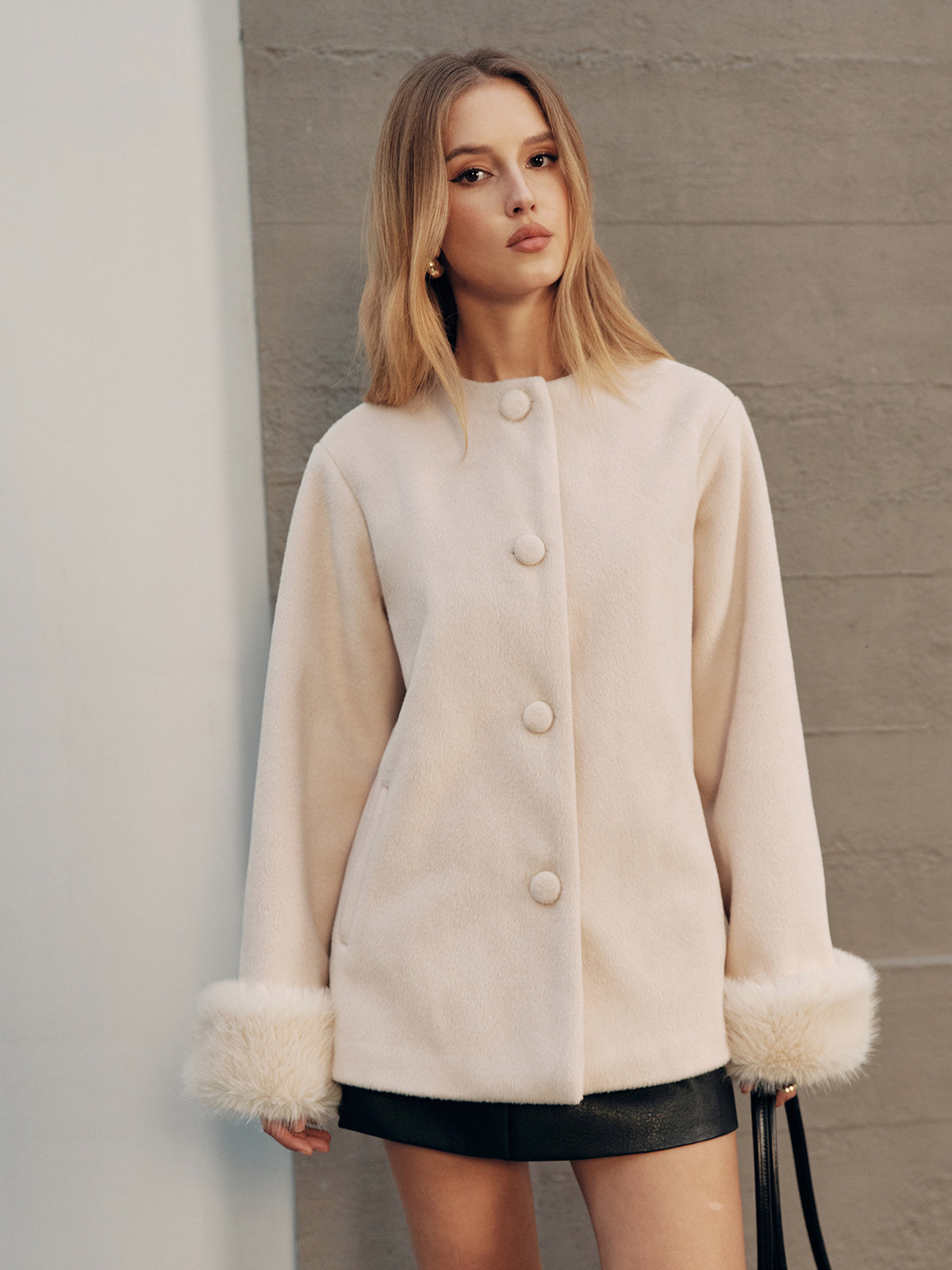 Faux Fur Cuff Wool-Blend Coat-Chicvia