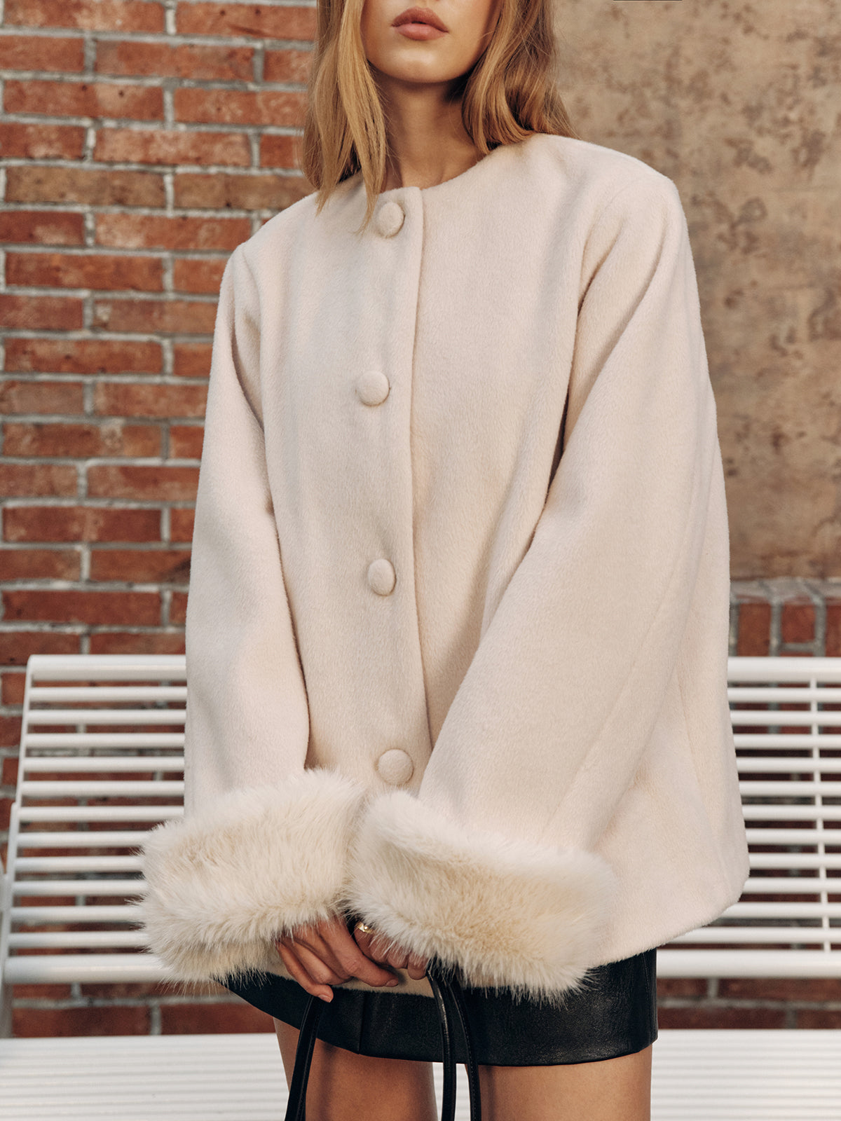 Faux Fur Cuff Wool-Blend Coat-Chicvia