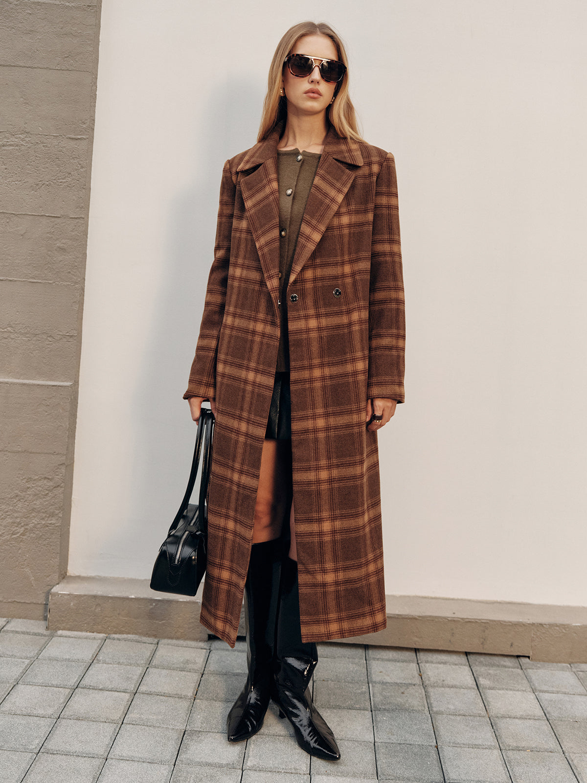 Belted Plaid Long Tweed Coat-Chicvia