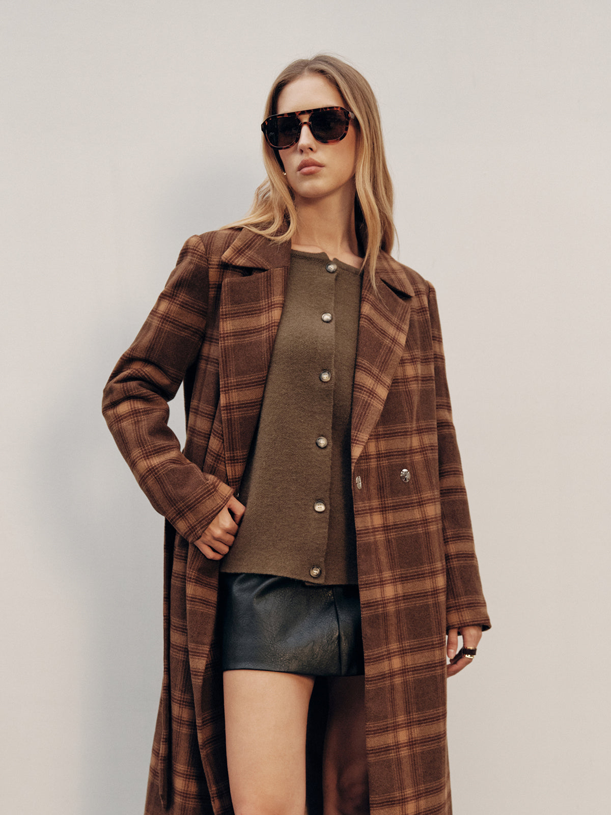 Belted Plaid Long Tweed Coat-Chicvia
