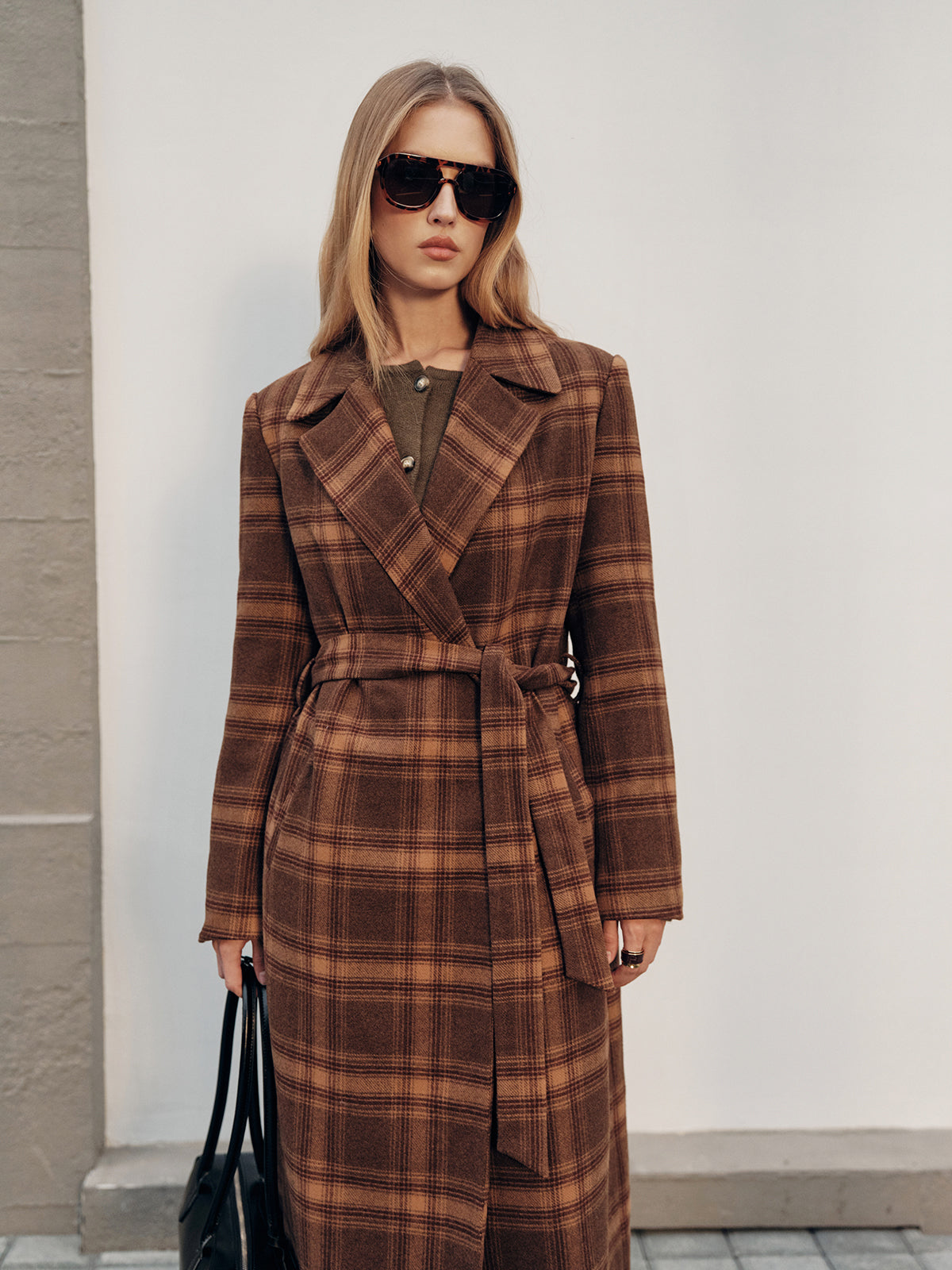 Belted Plaid Long Tweed Coat-Chicvia
