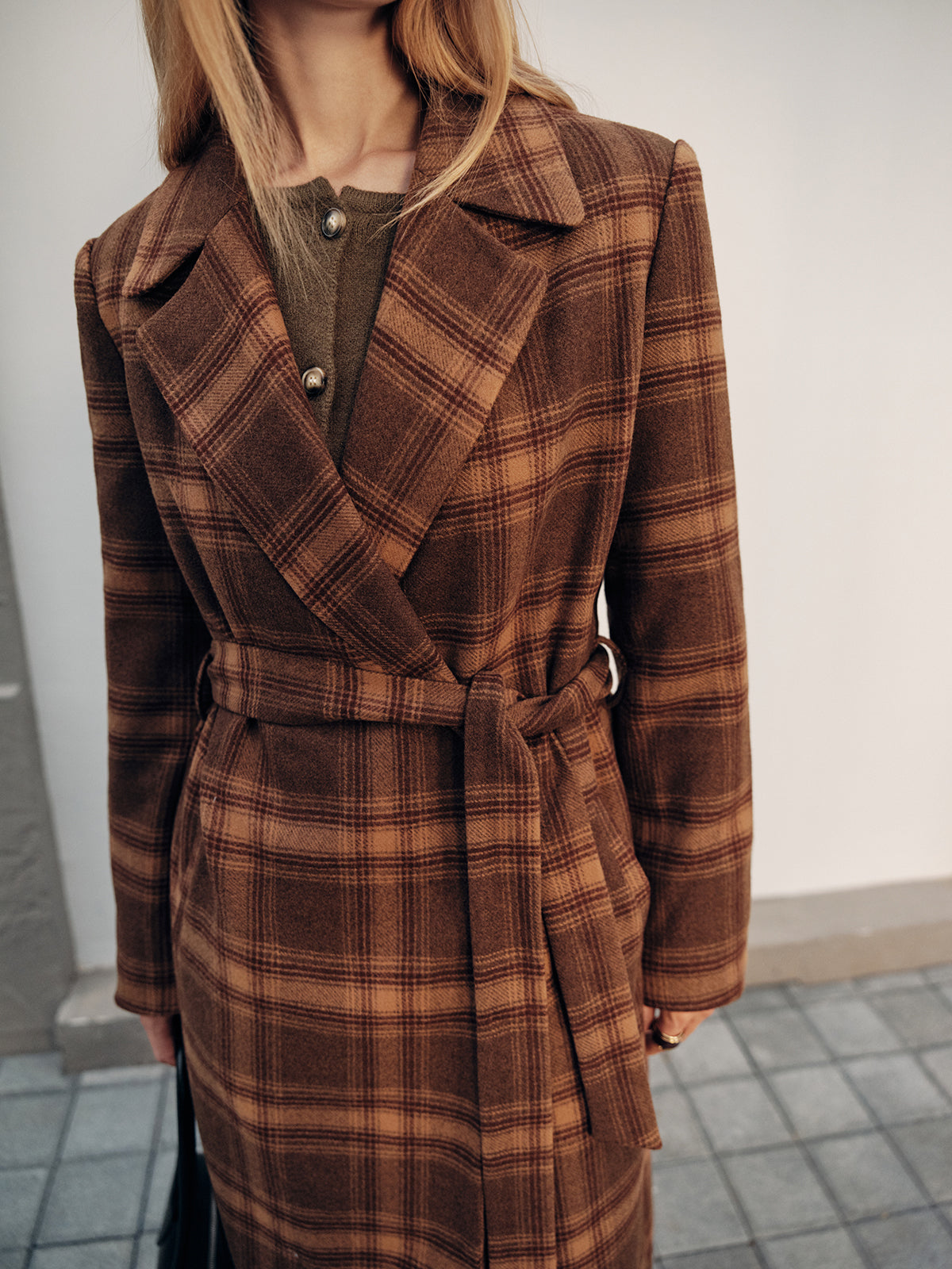 Belted Plaid Long Tweed Coat-Chicvia