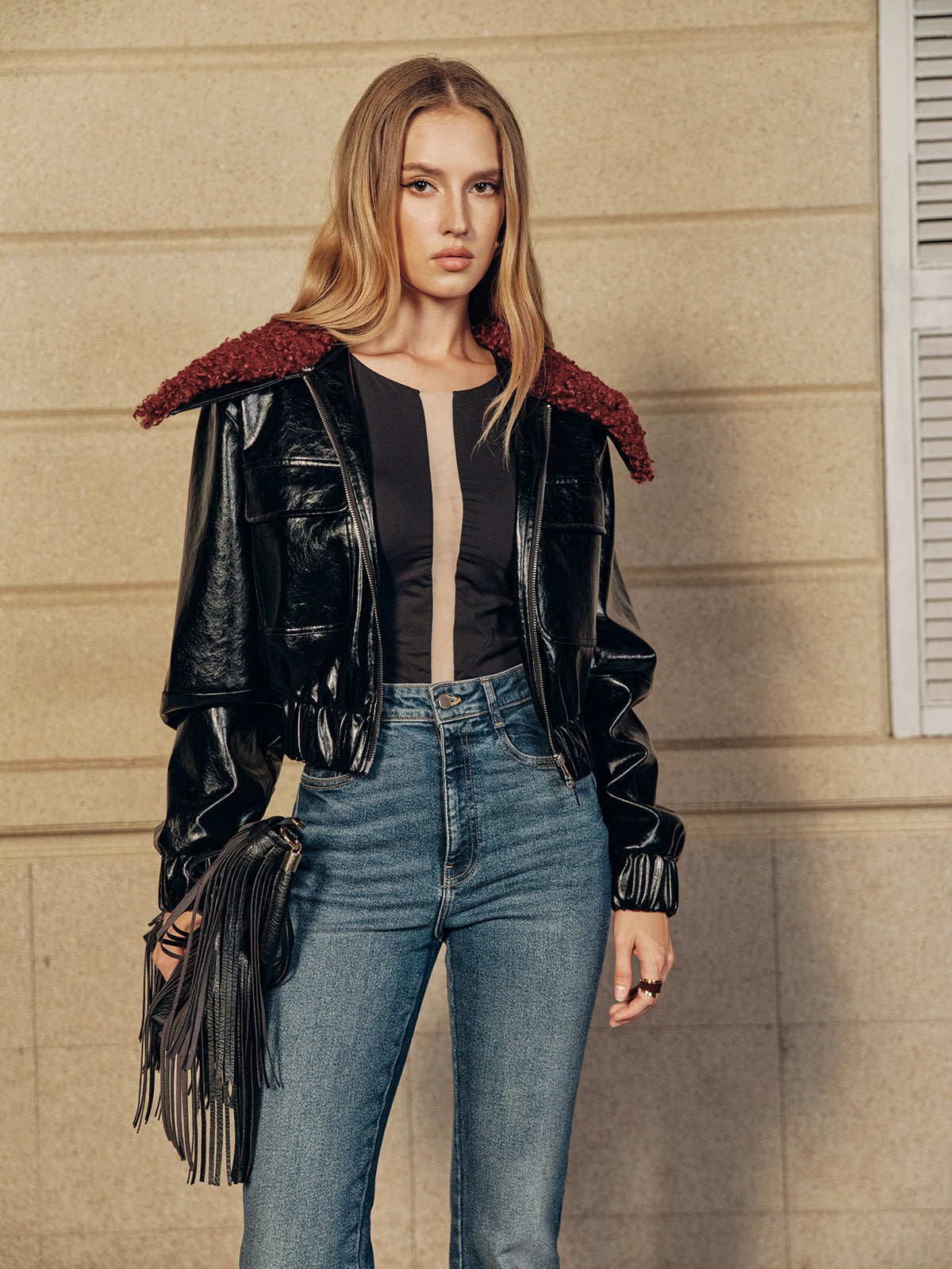 Faux Fur Collar Cropped PU Leather Jacket-Chicvia