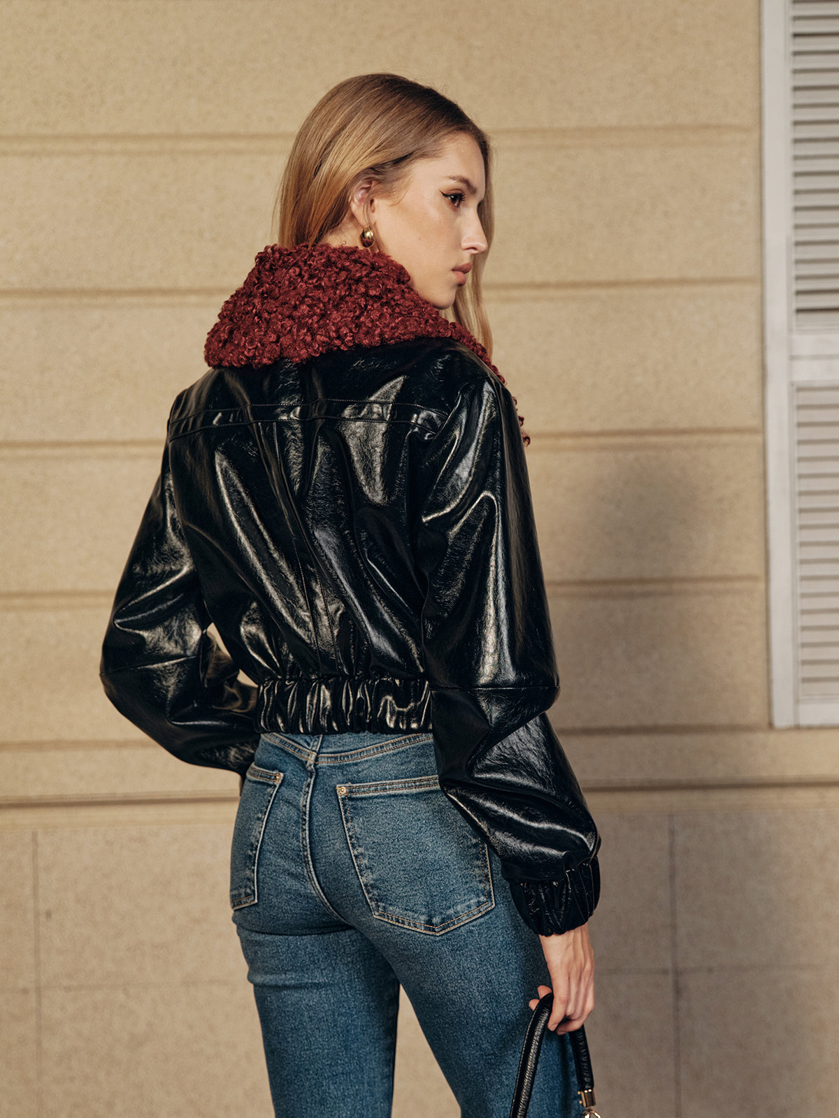 Faux Fur Collar Cropped PU Leather Jacket-Chicvia