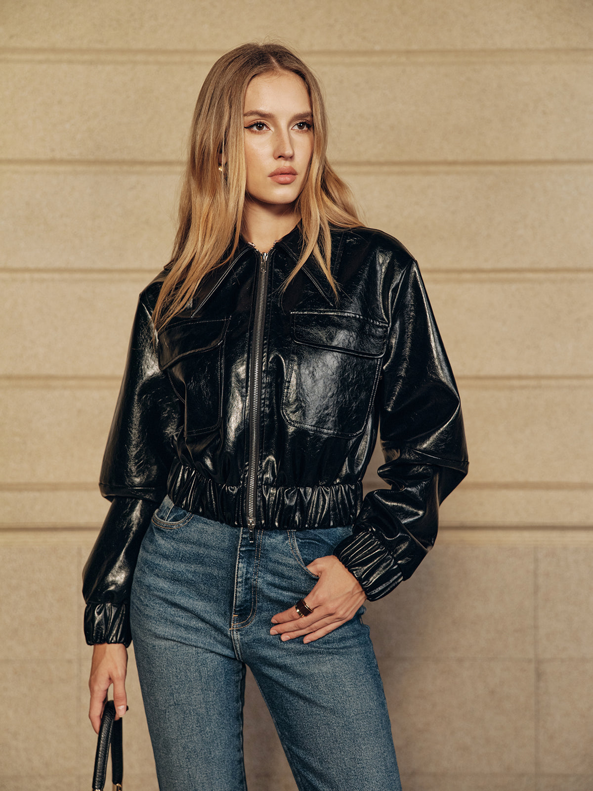 Faux Fur Collar Cropped PU Leather Jacket-Chicvia