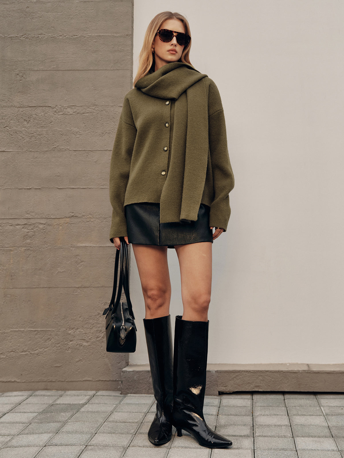 Button-Front Knit Cardigan with Scarf Detail-Chicvia