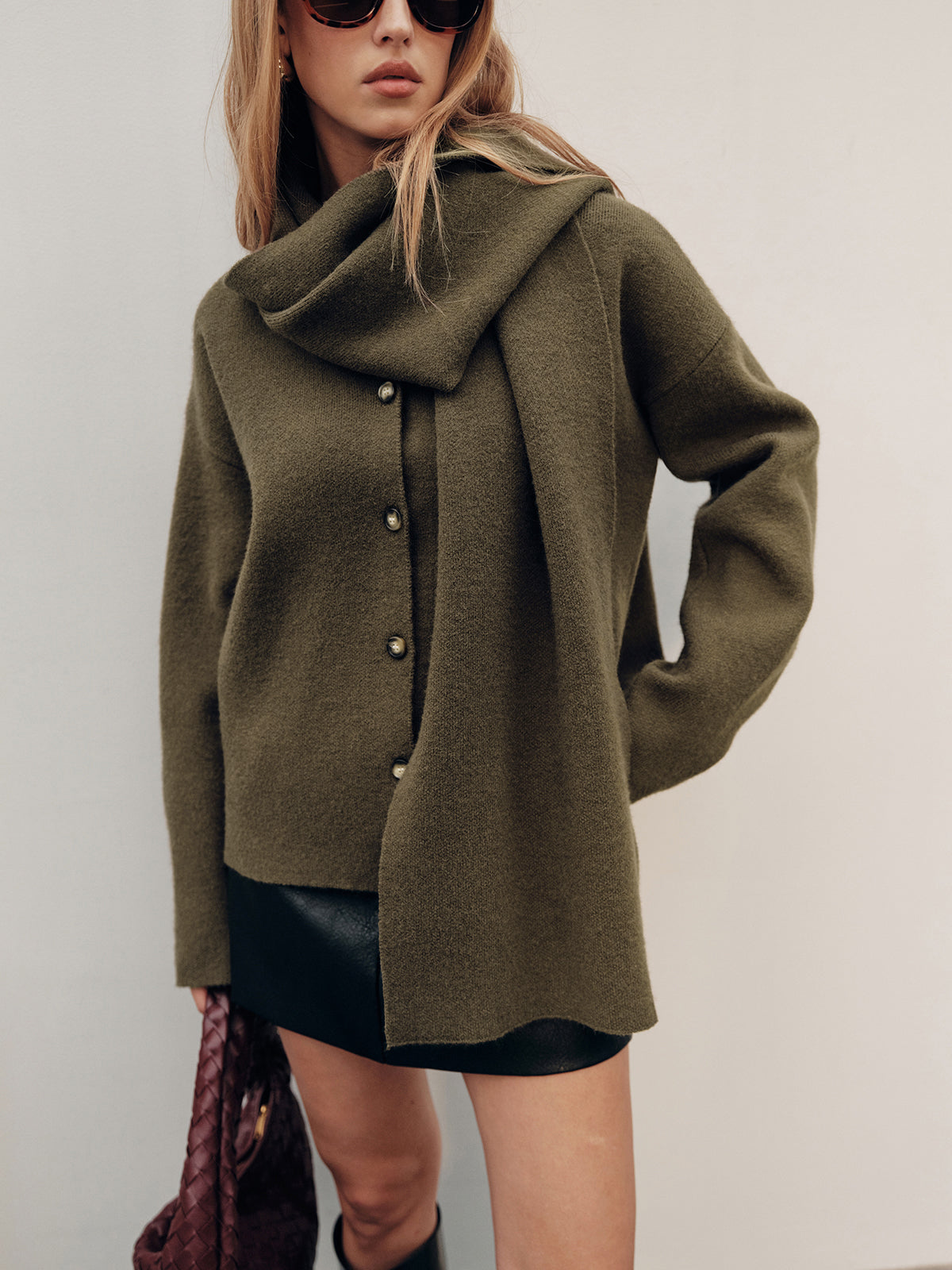 Button-Front Knit Cardigan with Scarf Detail-Chicvia