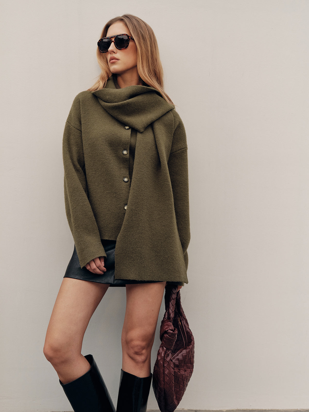 Button-Front Knit Cardigan with Scarf Detail-Chicvia