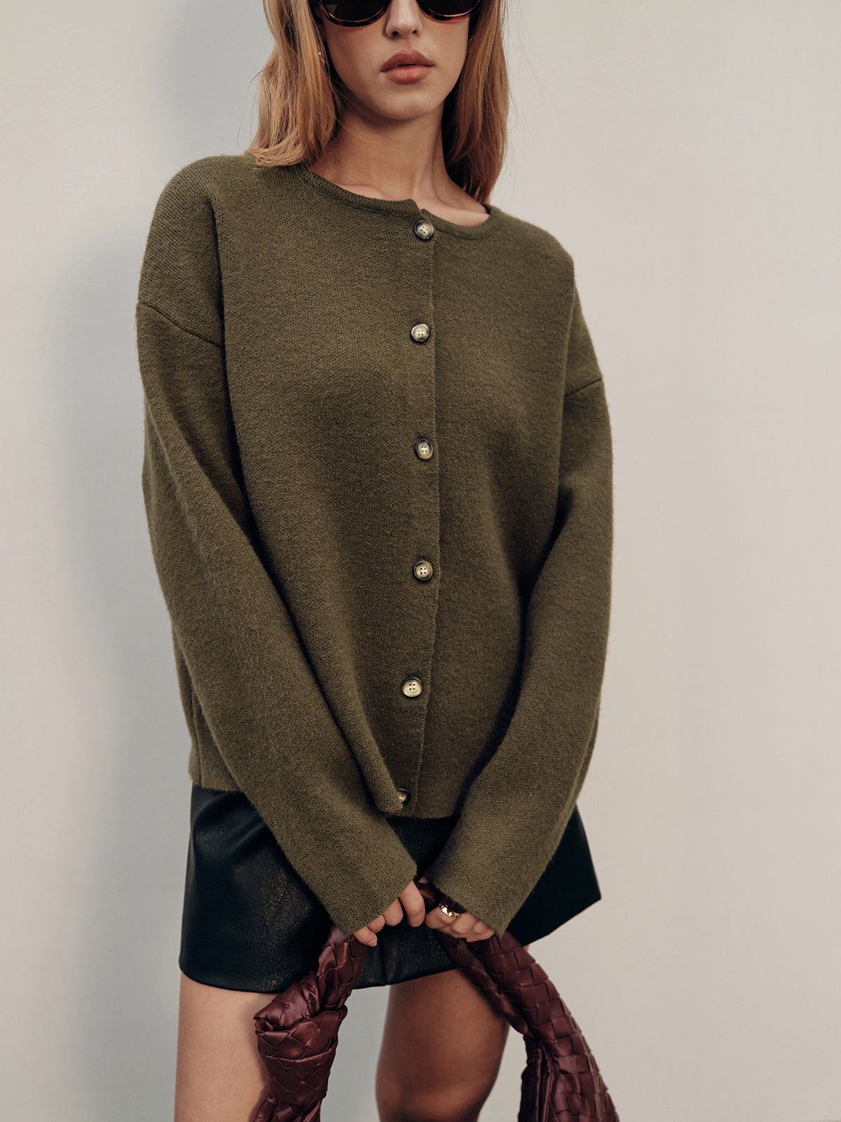 Button-Front Knit Cardigan with Scarf Detail-Chicvia