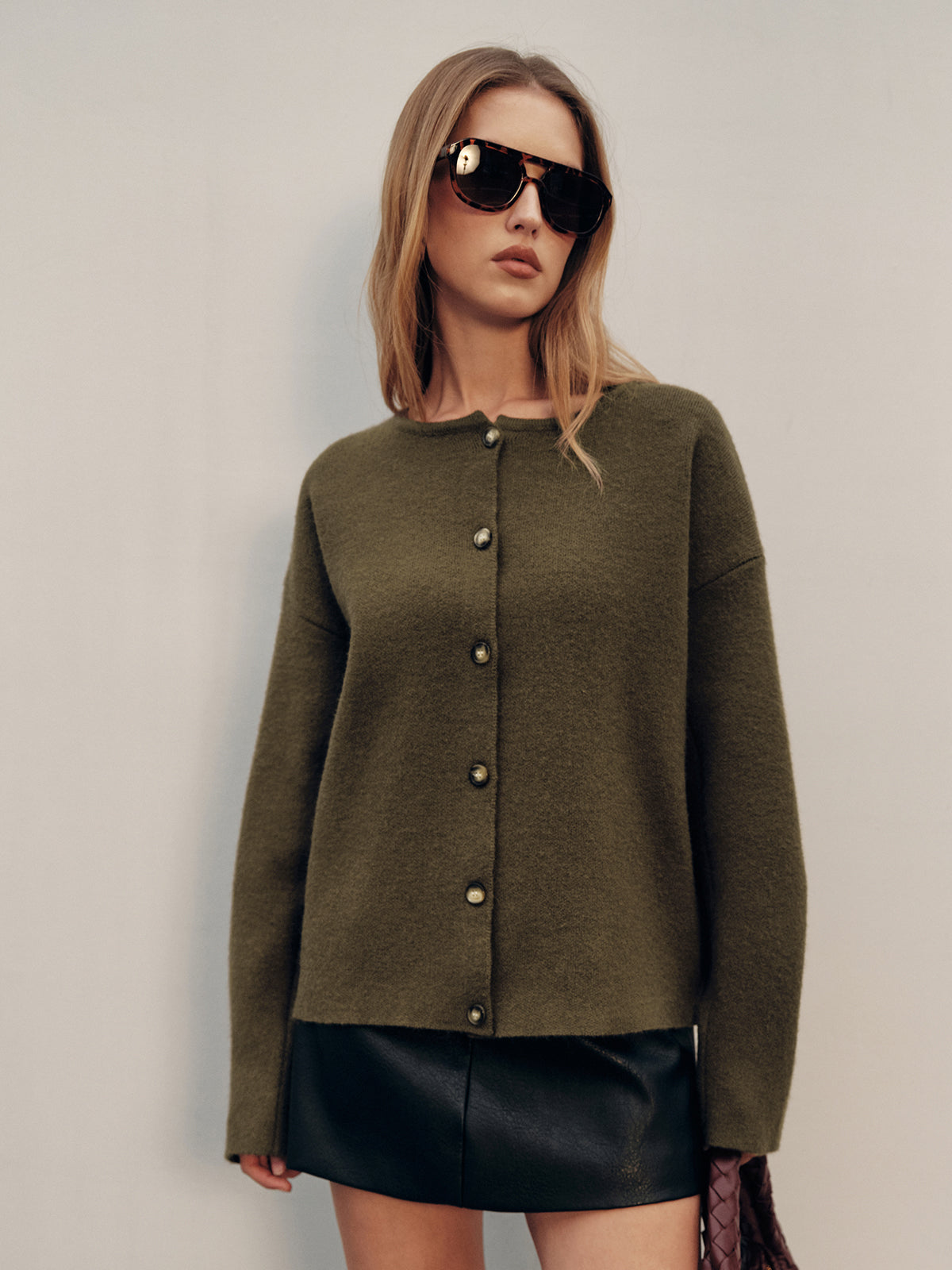 Button-Front Knit Cardigan with Scarf Detail-Chicvia