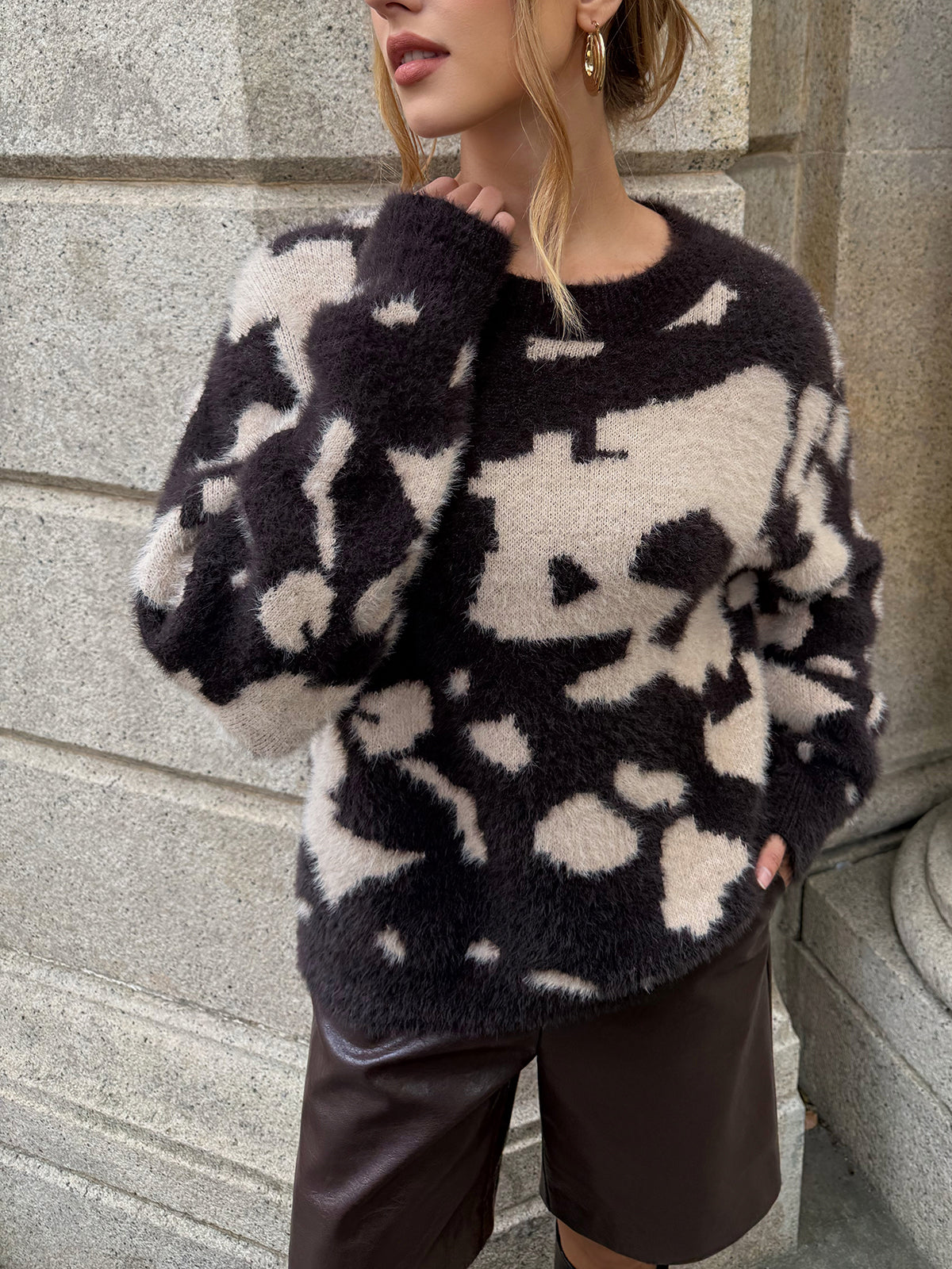 Cow Print Fuzzy Crew Neck Sweater-Chicvia