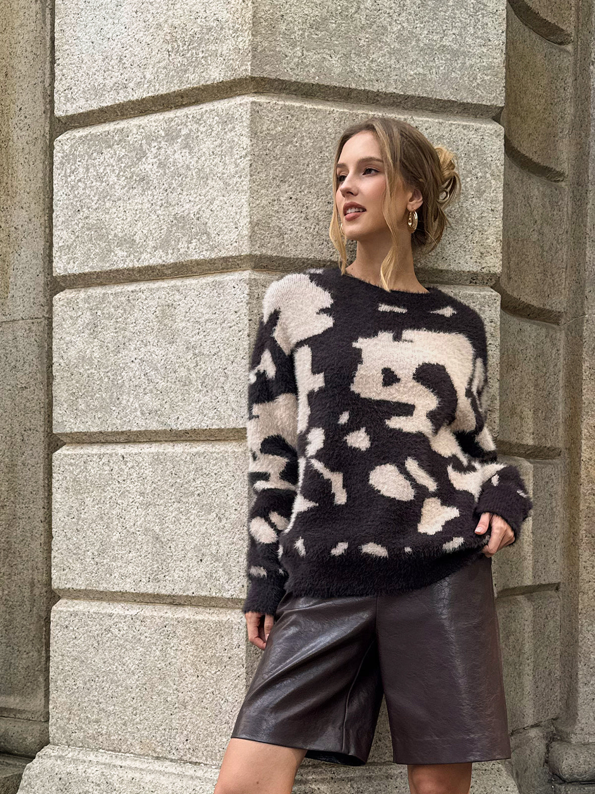 Cow Print Fuzzy Crew Neck Sweater-Chicvia