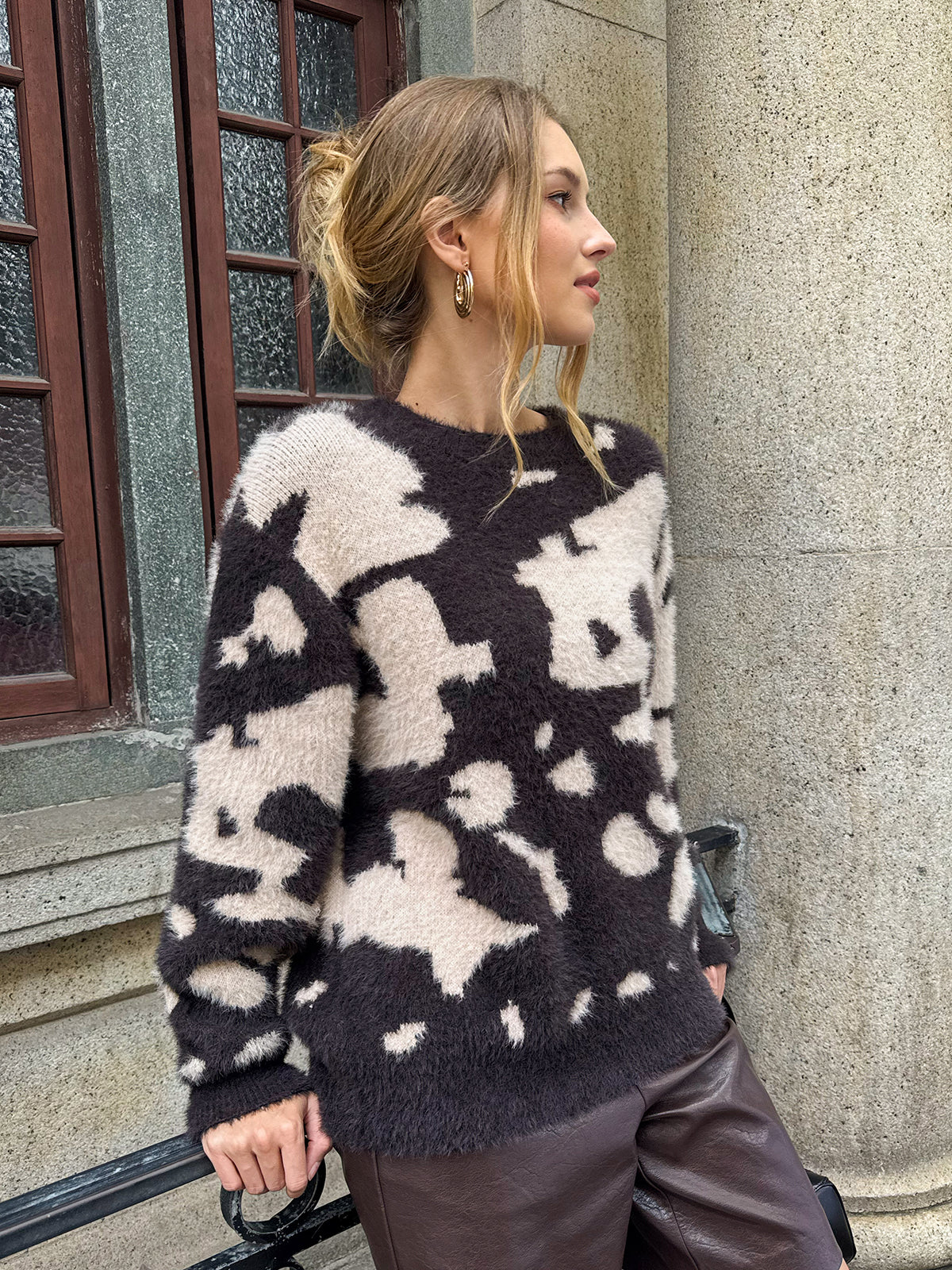 Cow Print Fuzzy Crew Neck Sweater-Chicvia
