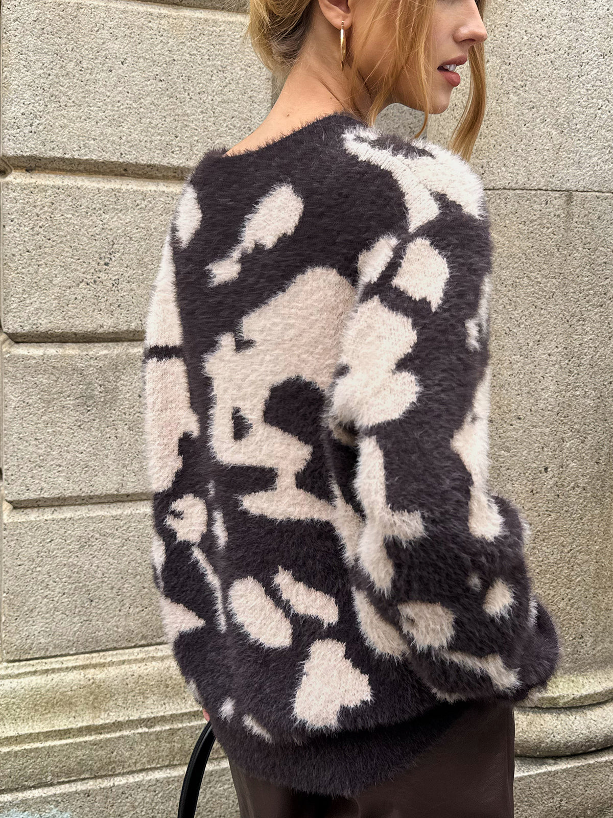 Cow Print Fuzzy Crew Neck Sweater-Chicvia