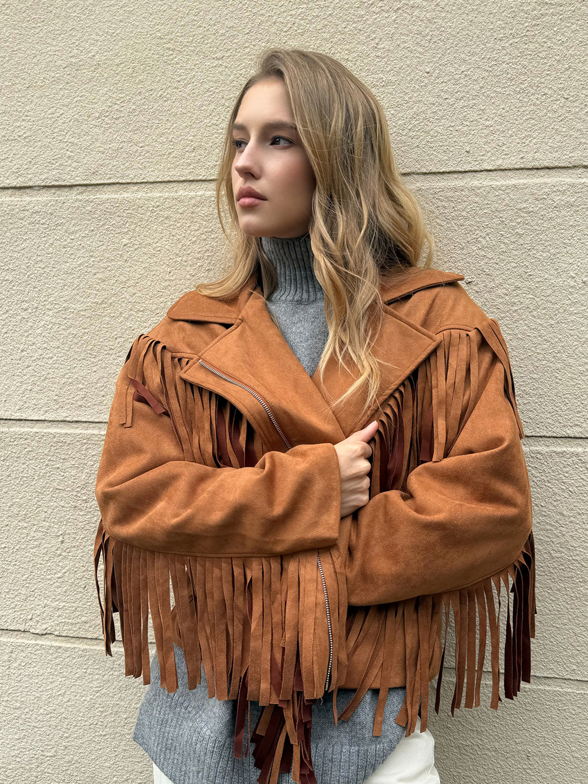 Lapel Collar Fringe Jacket-Chicvia